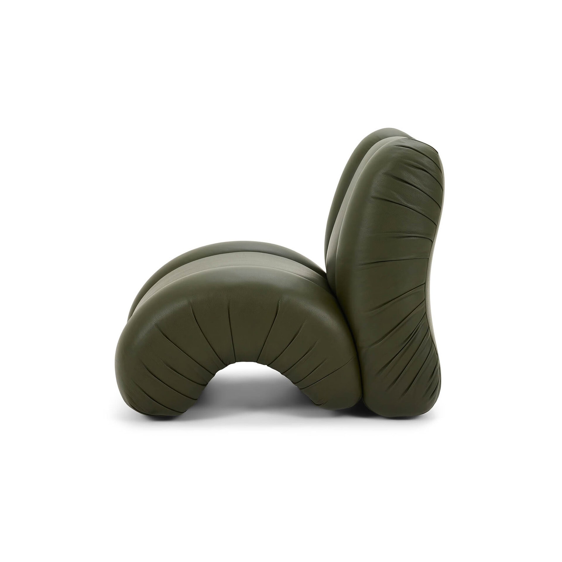 Elegant Orion sculptural accent chair in olive green, modern design, perfect for contemporary living.