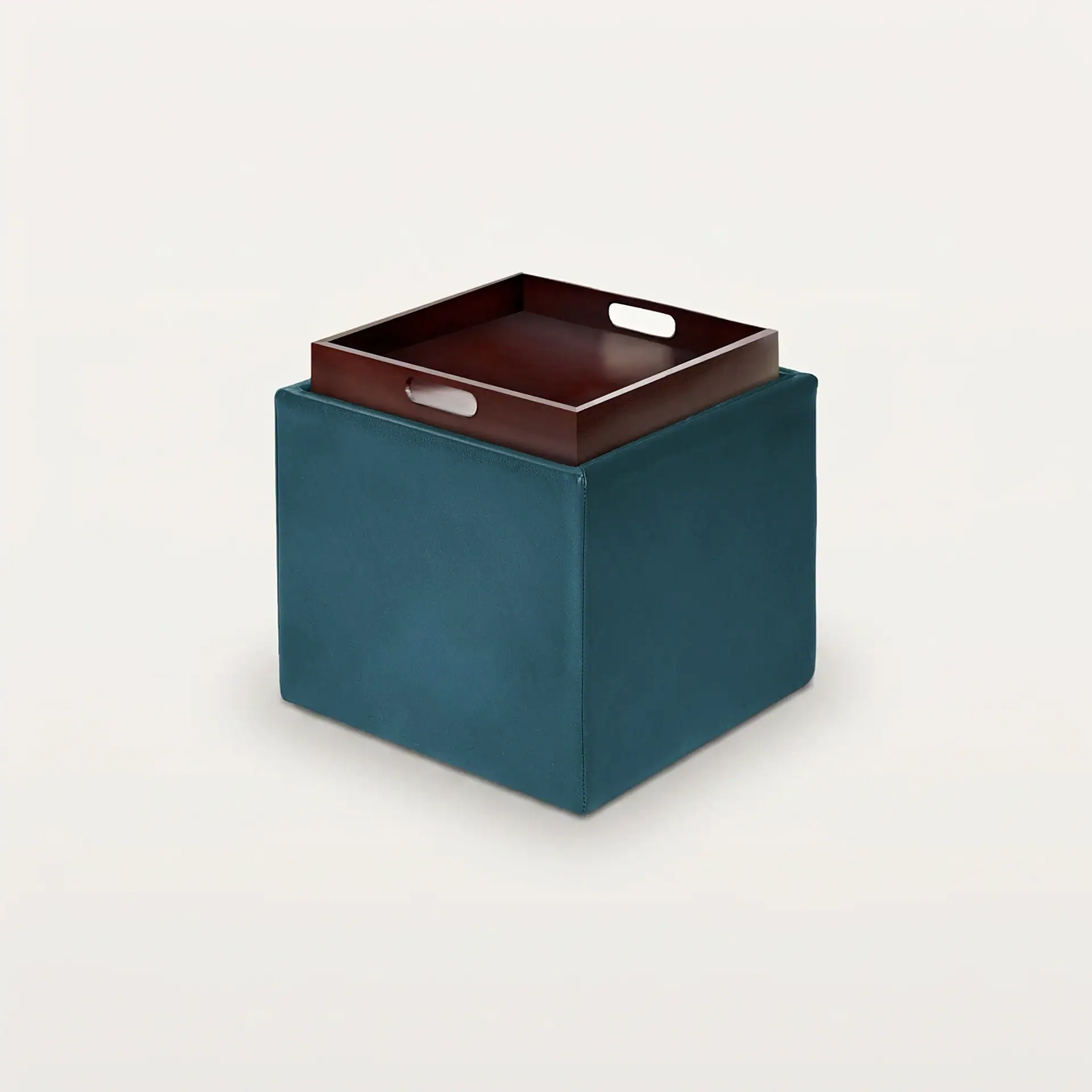 Sklar Furnishings Uno upholstered storage ottoman in teal with brown tray on top.