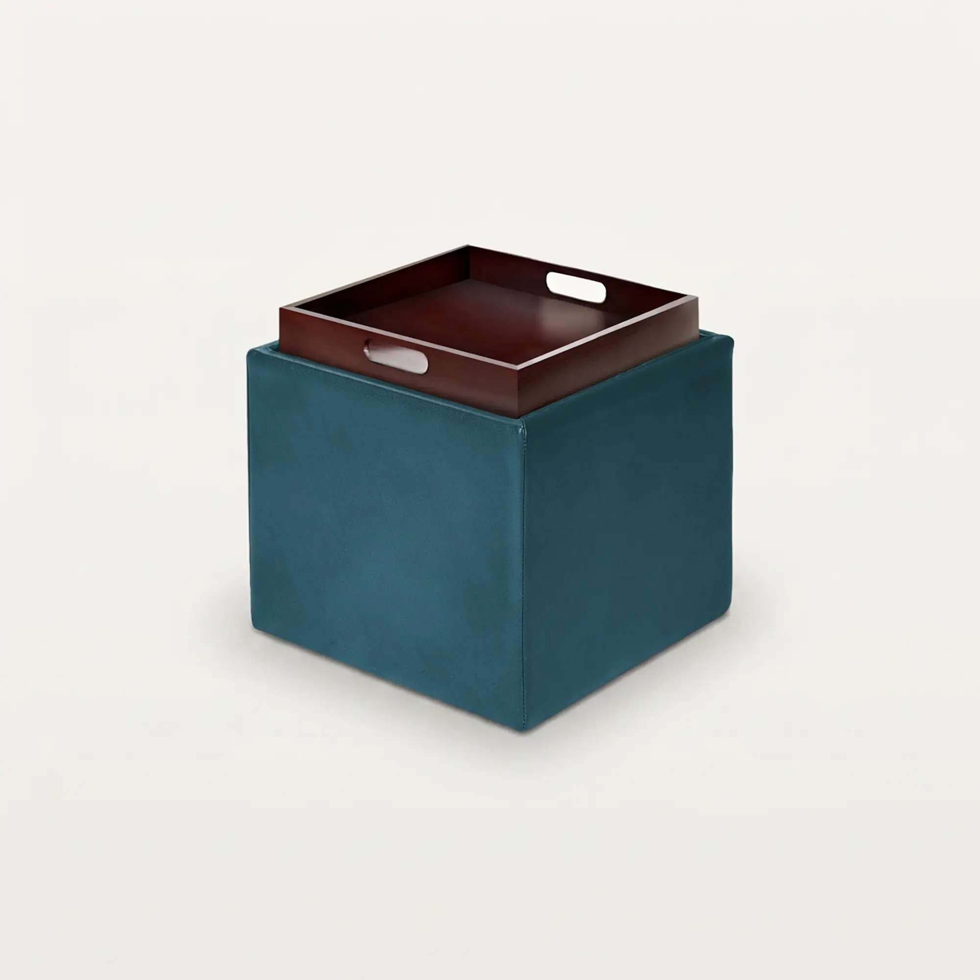Sklar Furnishings Uno upholstered storage ottoman in teal with brown tray on top.