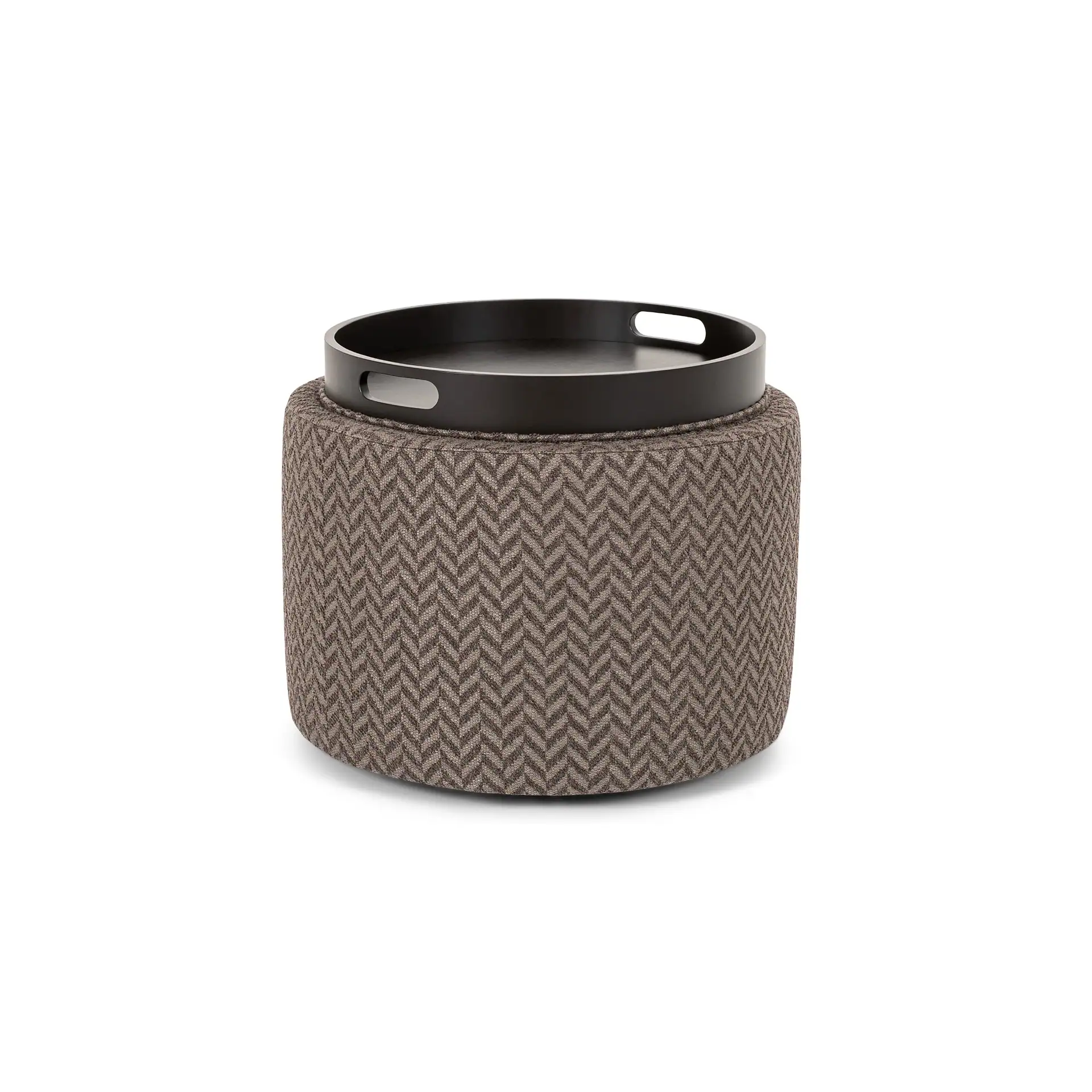 Sklar Furnishings storage ottoman with fabric and tray on top.