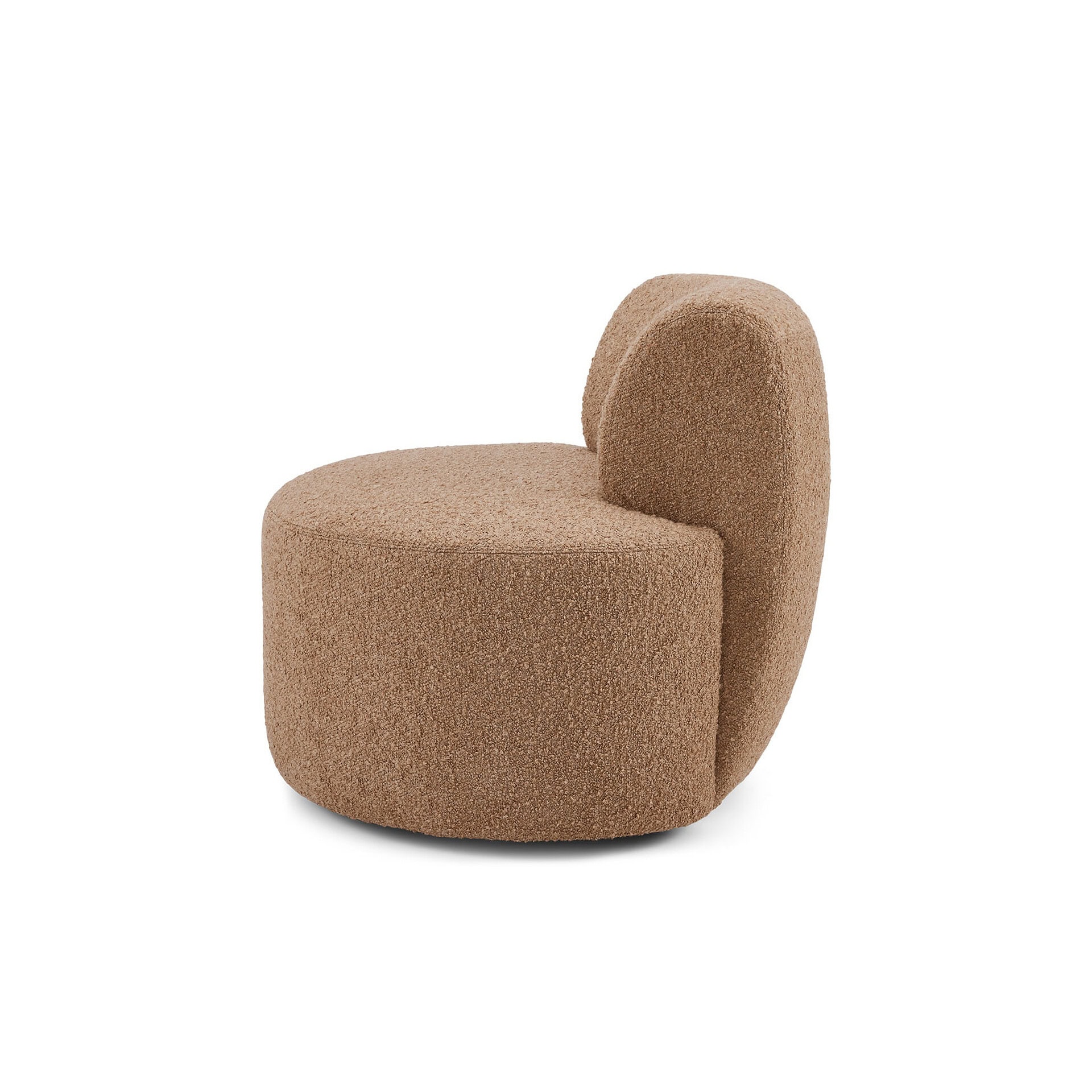 A modern, brown bouclé accent chair with a circular seat and a curved, integrated backrest, shown from a side angle on a white background.
