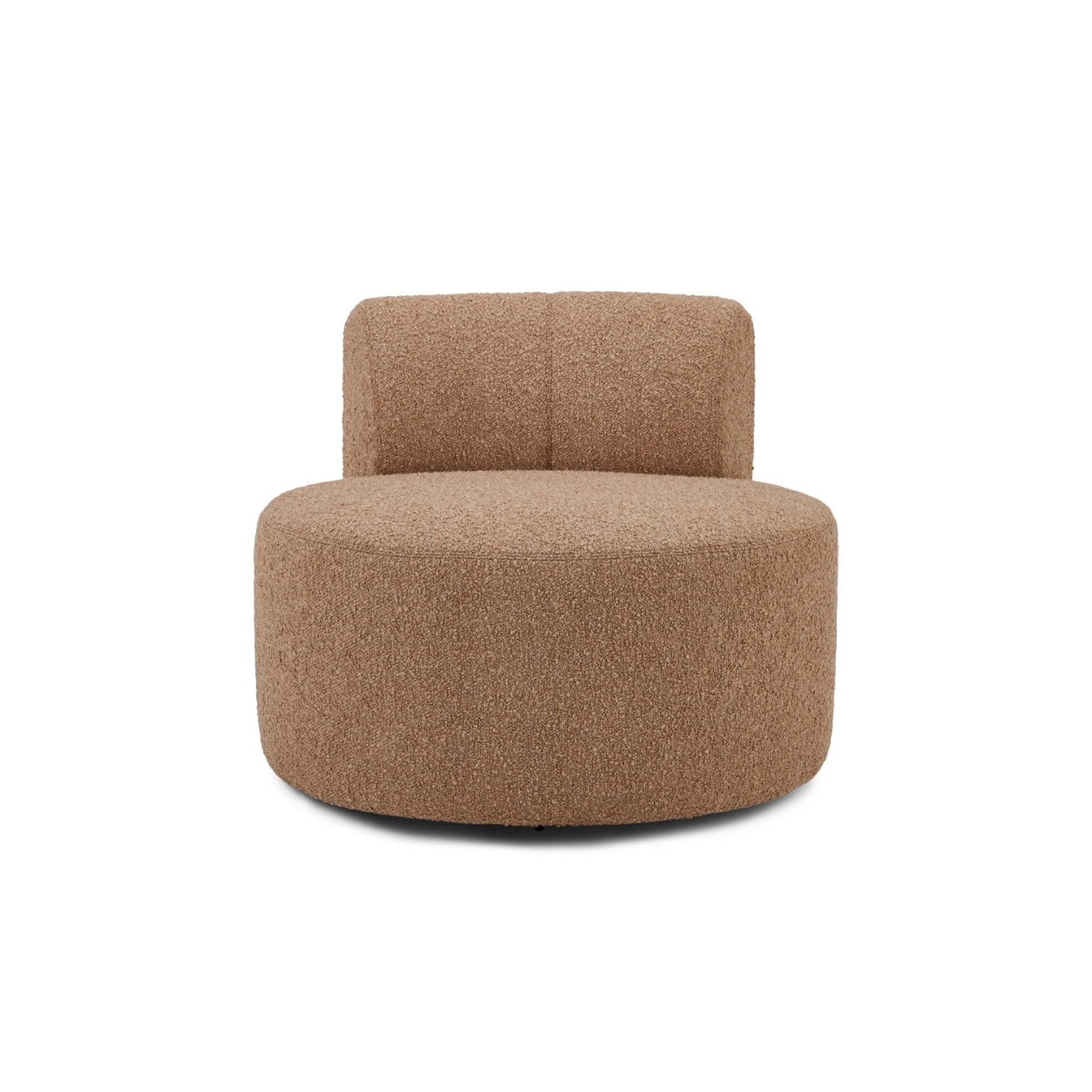 A round, brown bouclé armchair with a rectangular backrest, set against a white background.