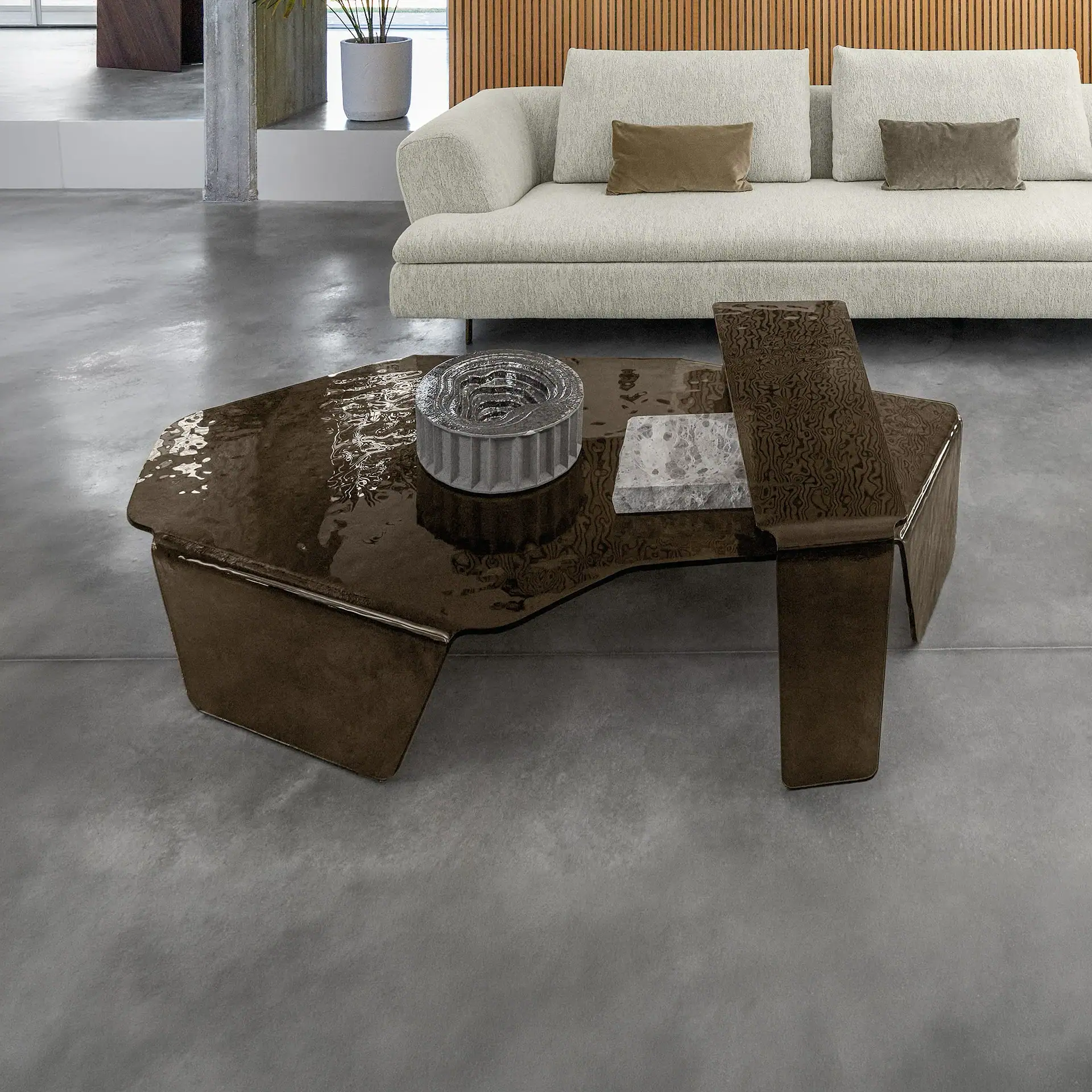 Sklar Furnishings Chimera Hammered Glass Coffee Table in modern living room.