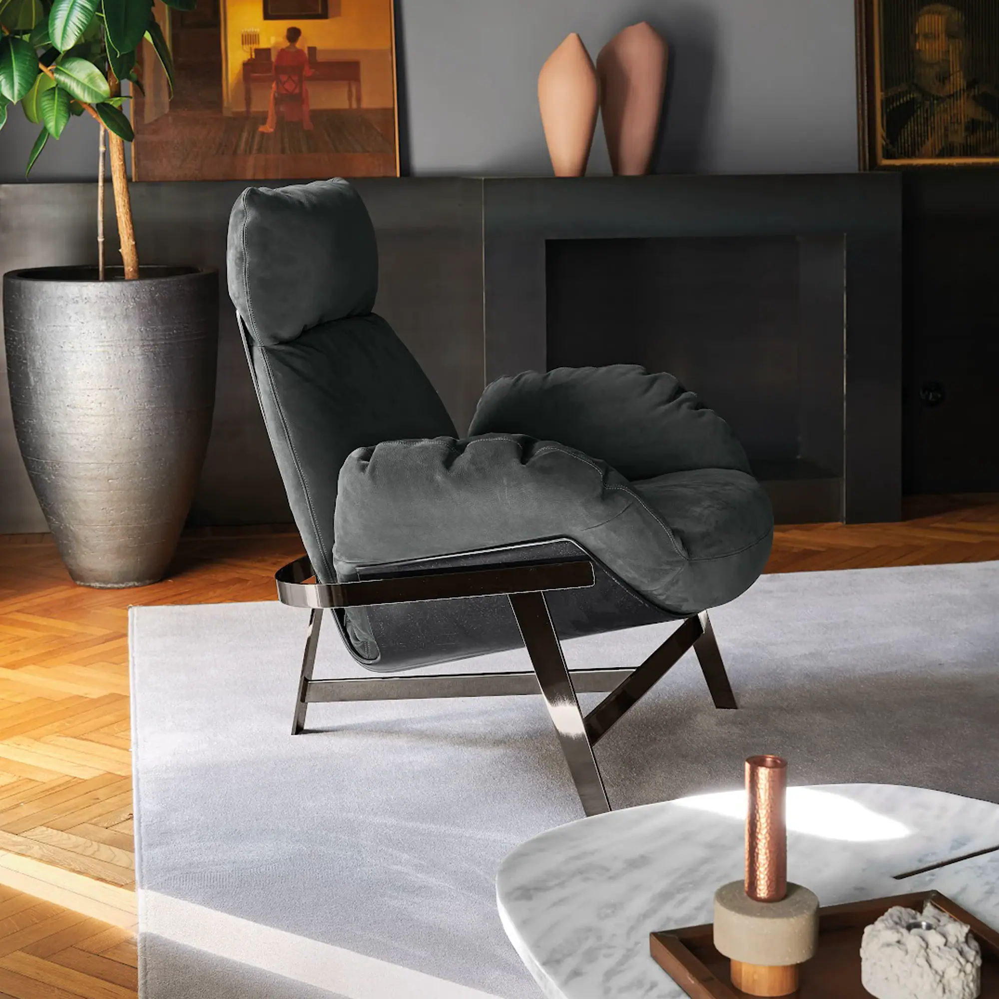 Sklar Furnishings Jupiter lounge chair in dark gray fabric with metal frame in living room.