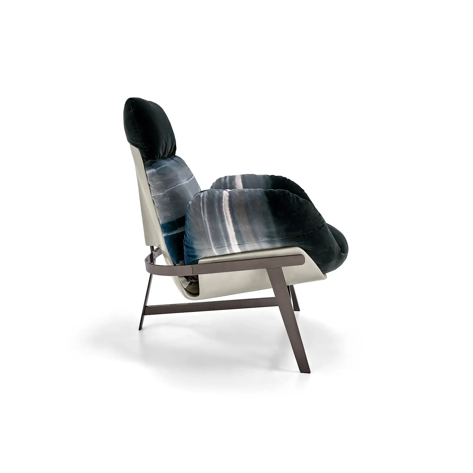 Sklar Furnishings Jupiter lounge chair with soft cushion and dark lumbar pillow in a modern frame.