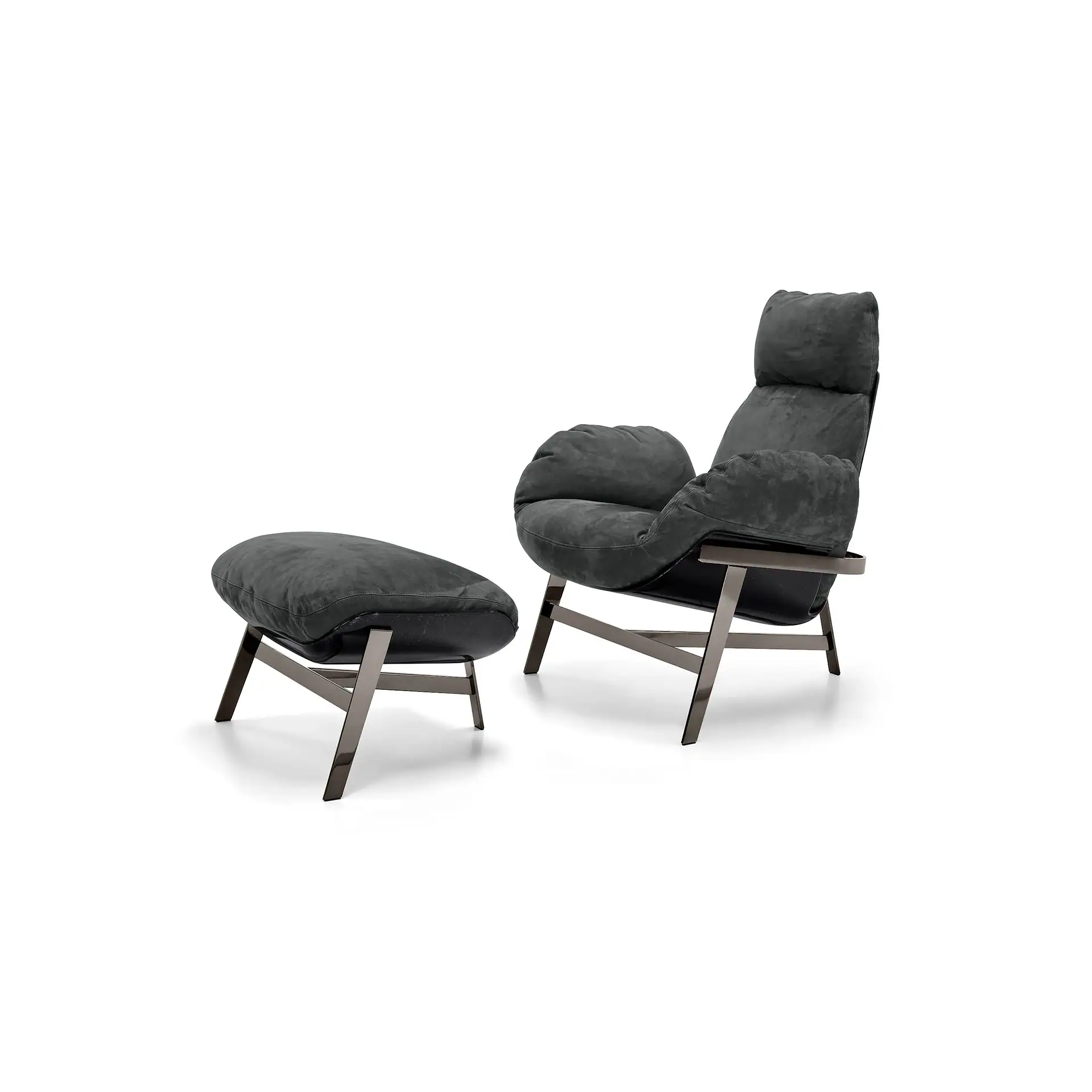Sklar Furnishings Jupiter lounge chair with matching ottoman in dark charcoal fabric.