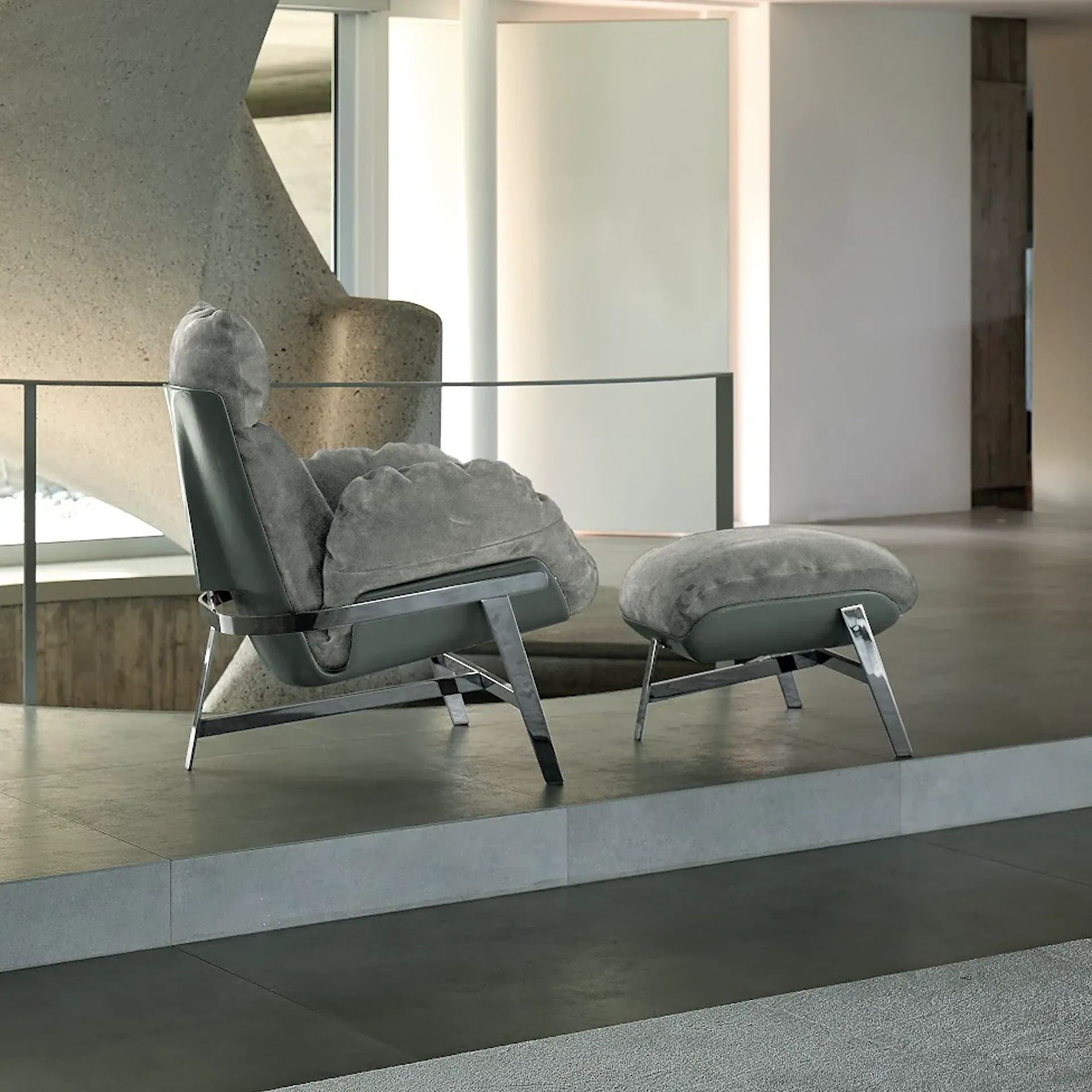 Sklar Furnishings Jupiter Sculptural Lounge Chair in grey upholstery.