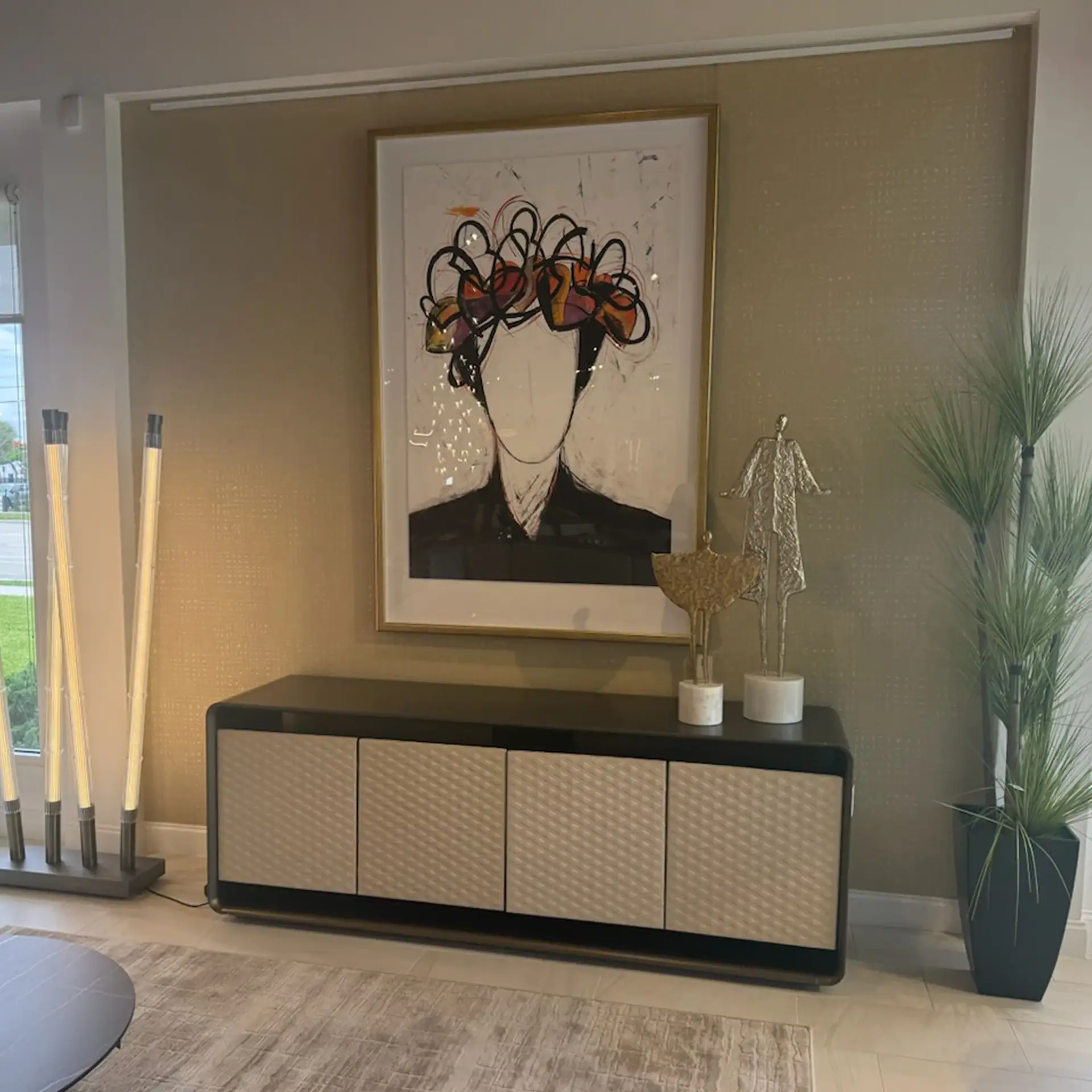 Abstract portrait canvas art with colorful headpiece for living room decor.