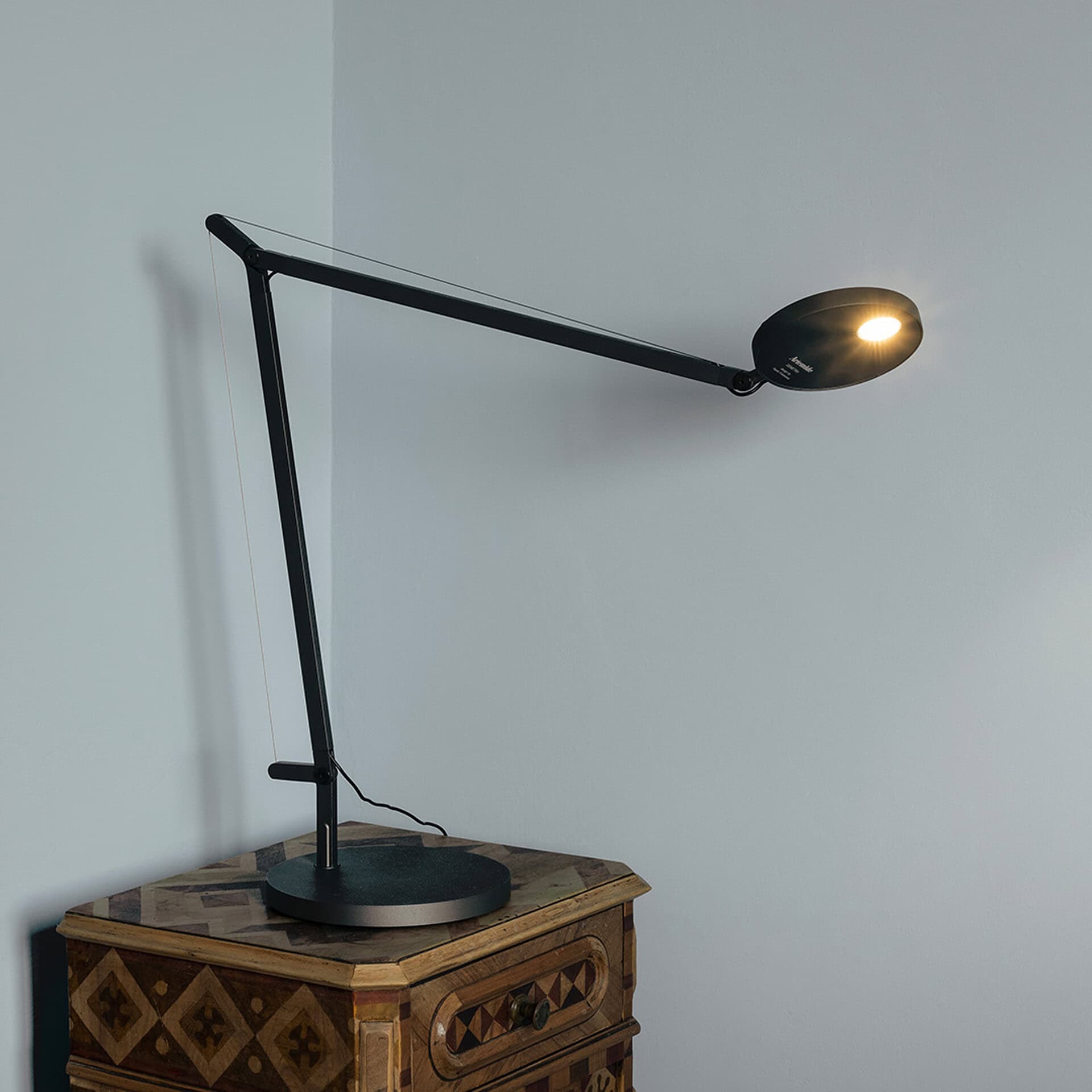 Adjustable Demetra table lamp with modern black design, perfect for home or office lighting.