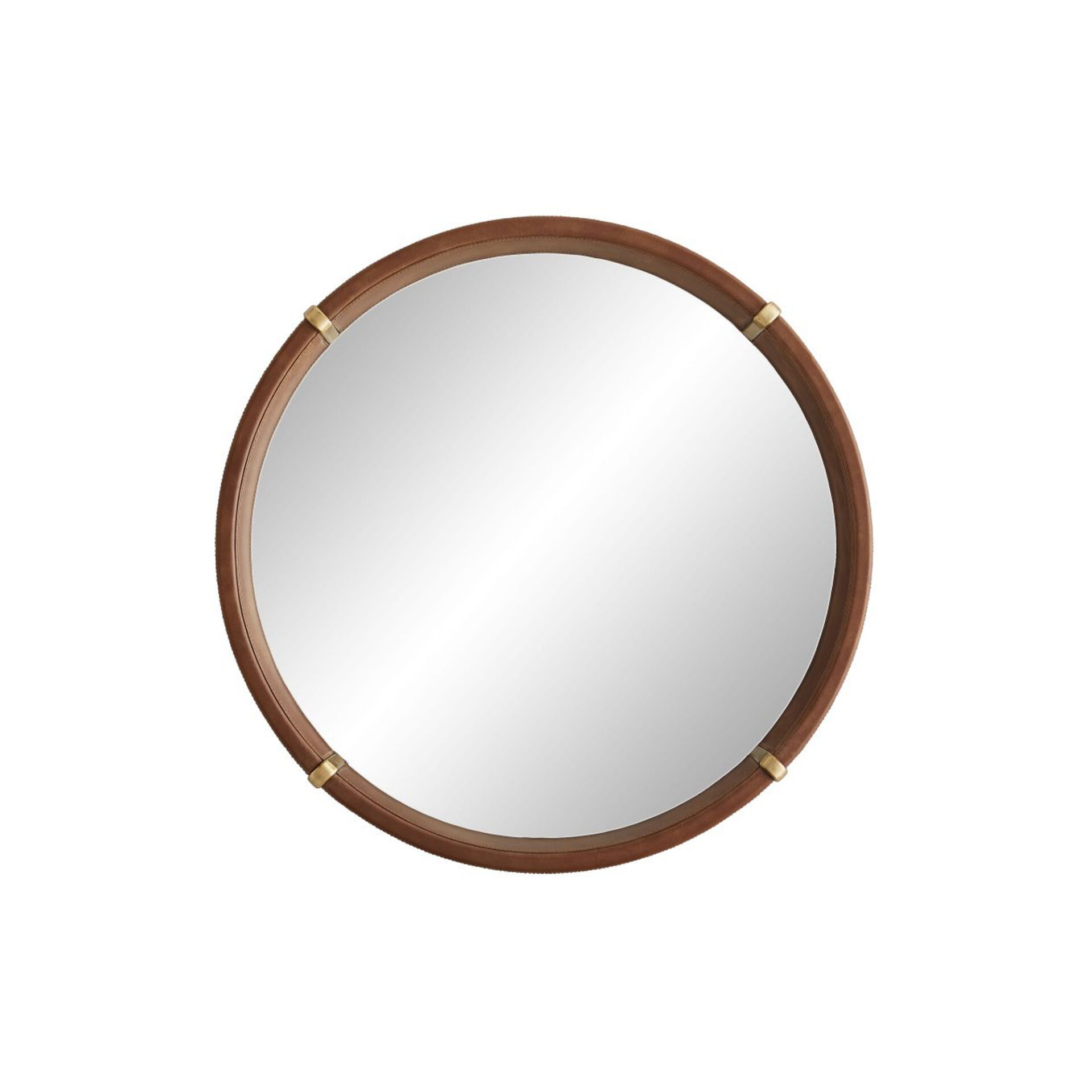 A circular mirror with a brown leather-wrapped frame and four brass-colored metal accents, centered on a white background.