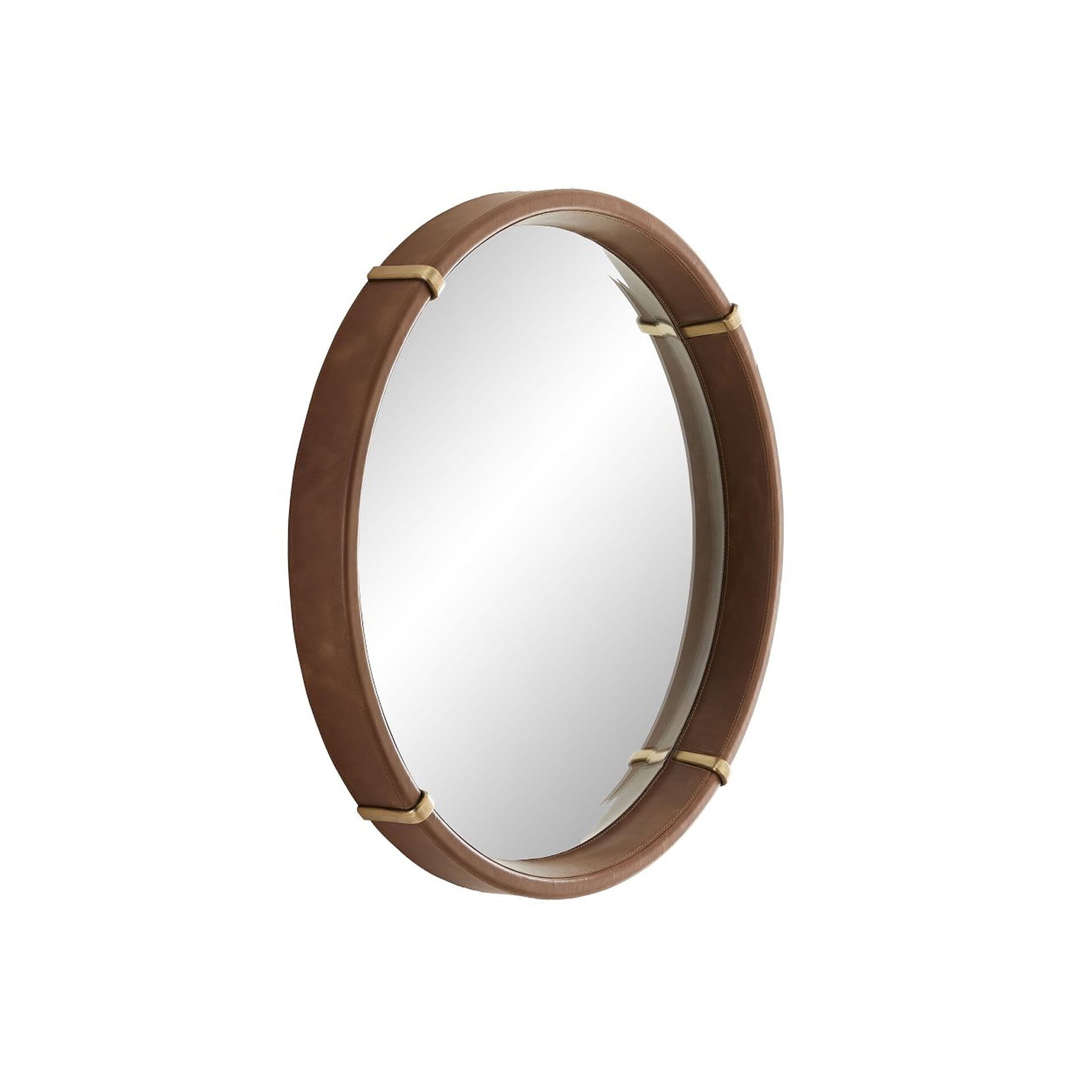 Oval mirror with a smooth brown leather frame accented by brass clips, against a white background.