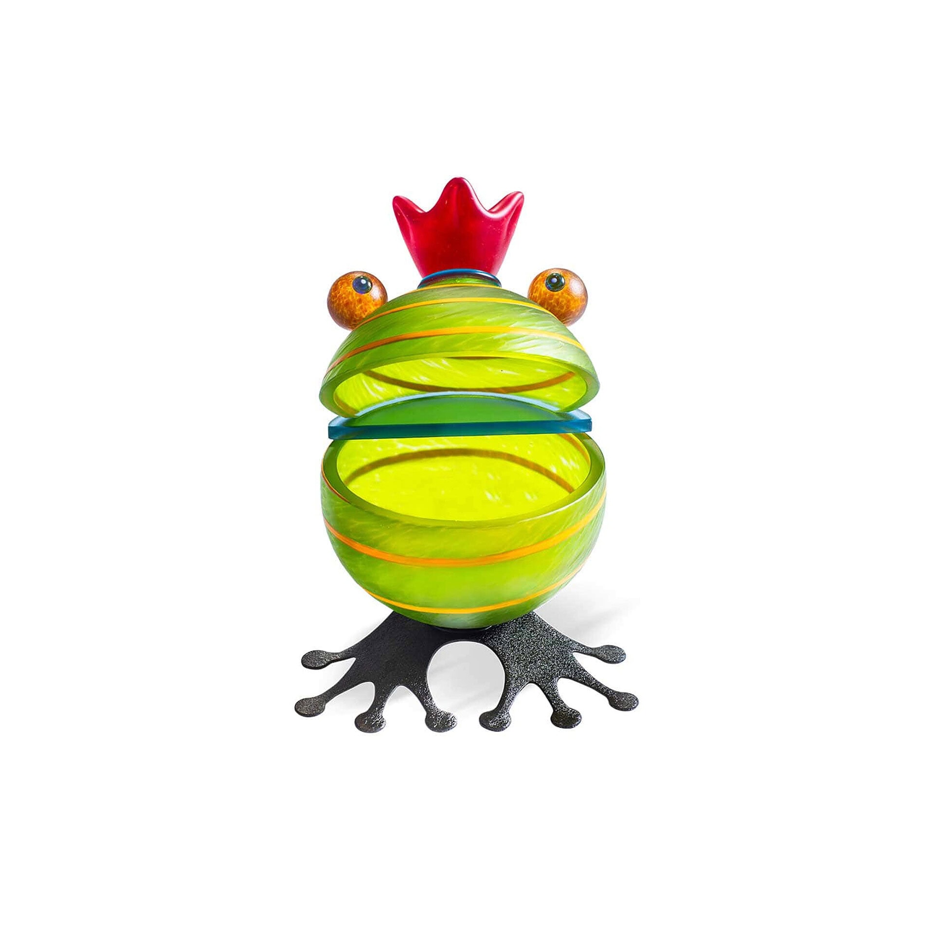 Brightly colored glass frog-shaped bowl for decorative or functional use.