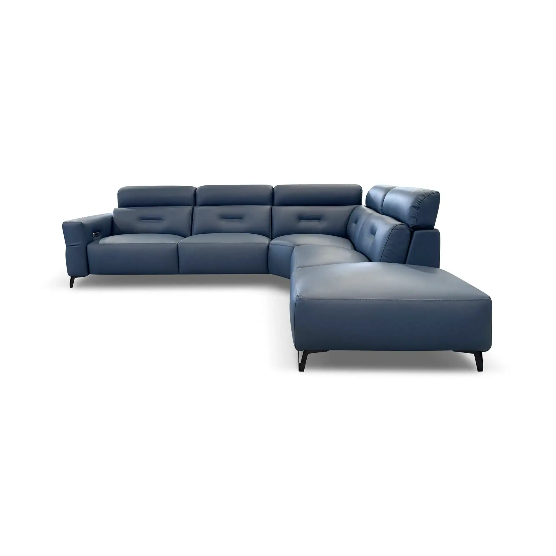 A dark blue L-shaped sectional sofa with a chaise lounge and reclining features, set against a white background.