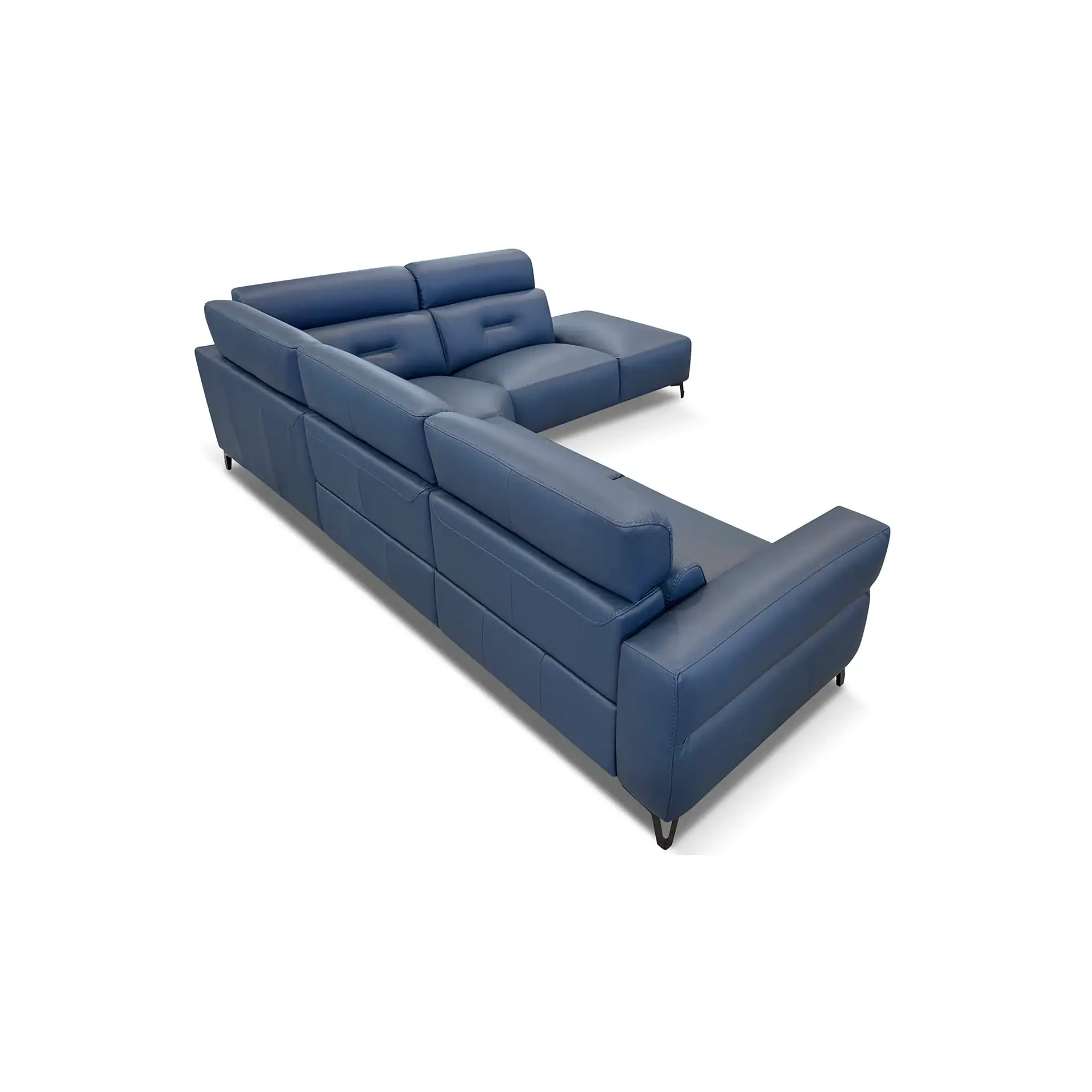 A blue L-shaped sectional sofa with adjustable headrests and dark legs, casting a shadow on a white background.