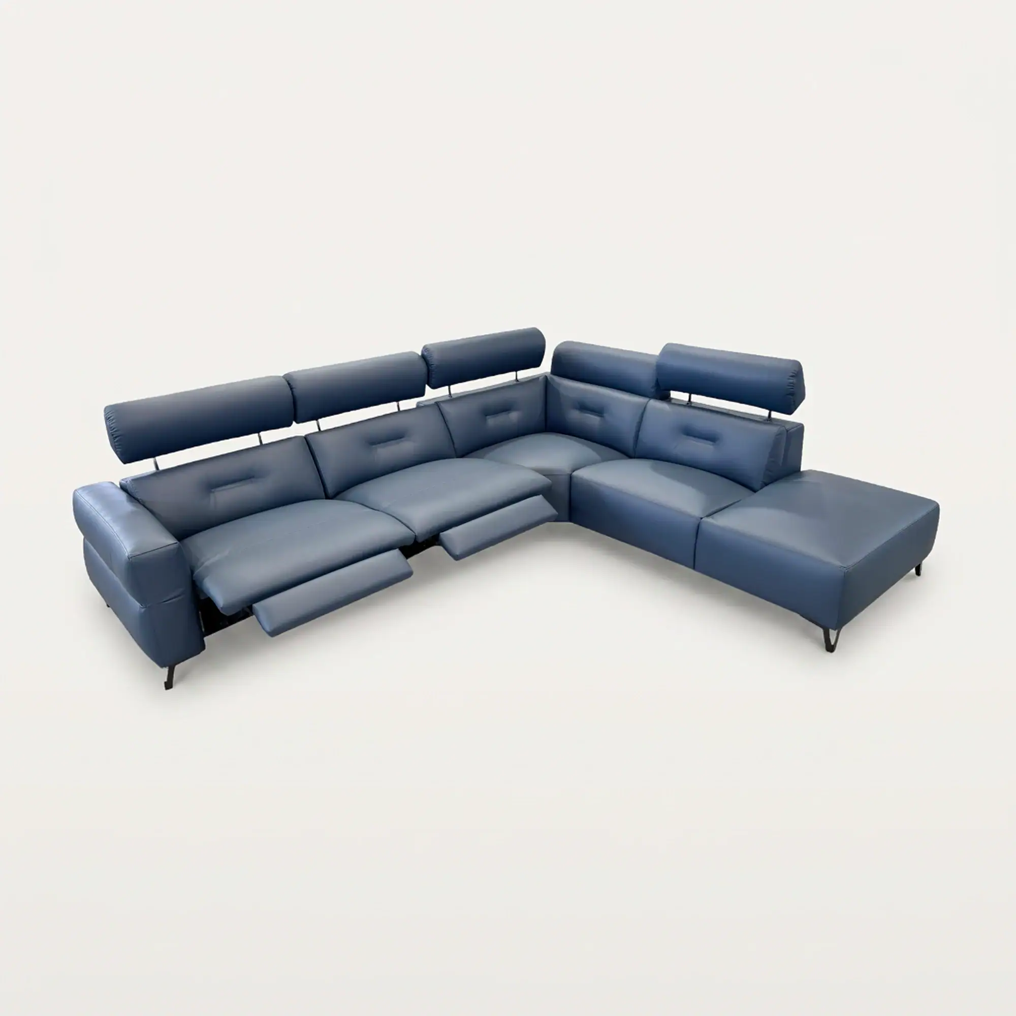 A large, L-shaped sectional sofa in dark blue leather with two recliners extended and adjustable headrests, on a white background.