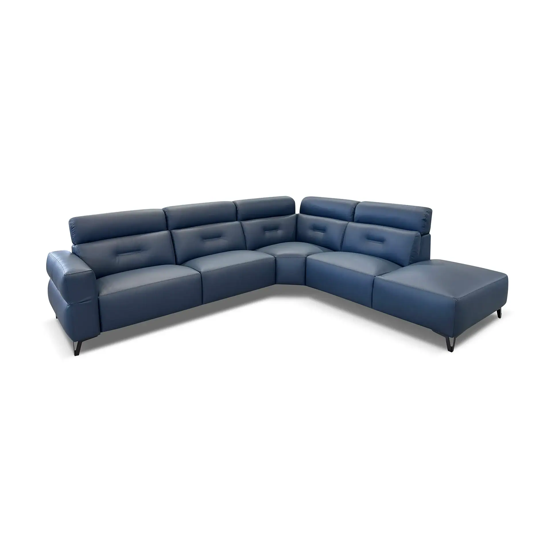A dark blue L-shaped leather sectional sofa with adjustable headrests and metal legs, shown on a white background.