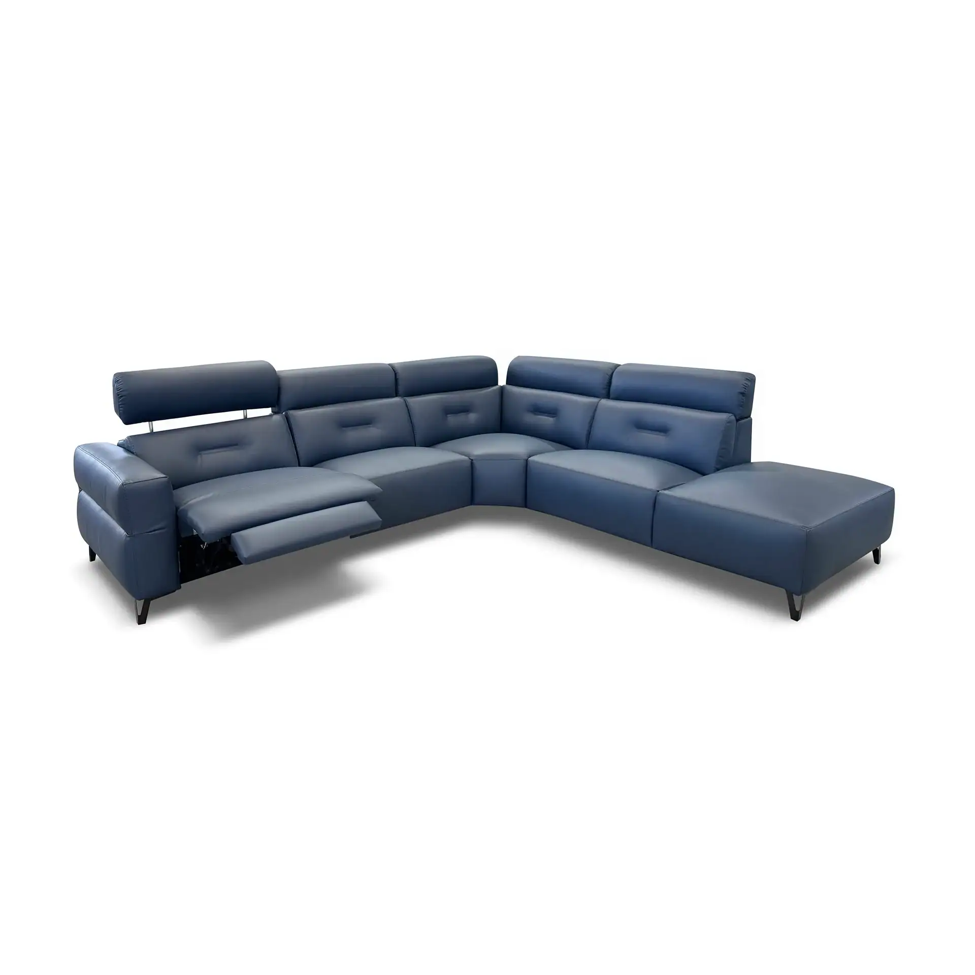 A blue L-shaped sectional sofa with a recliner and an ottoman on a white background.