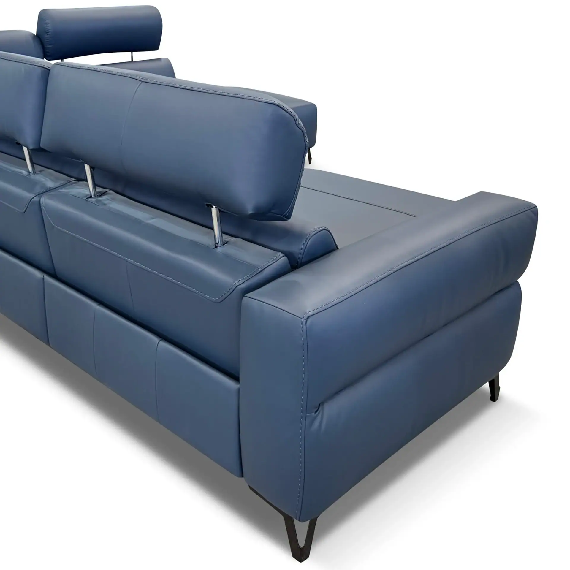 Rear and side view of a blue leather sofa with adjustable headrests and dark V-shaped legs on a white background.