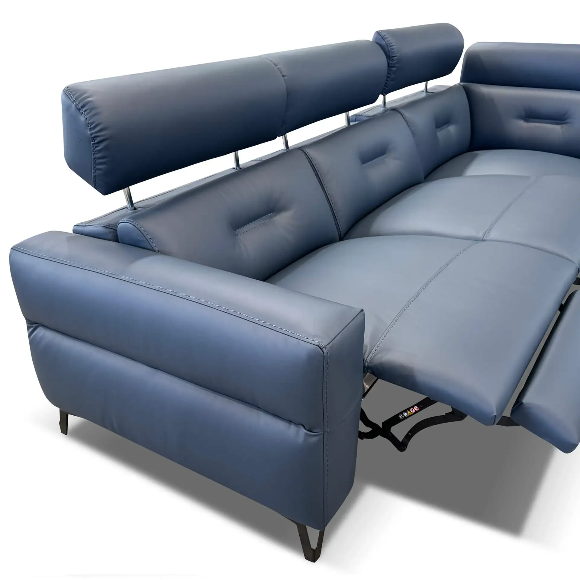 A modern blue sectional sofa with adjustable headrests and a reclining section, shown against a white background.