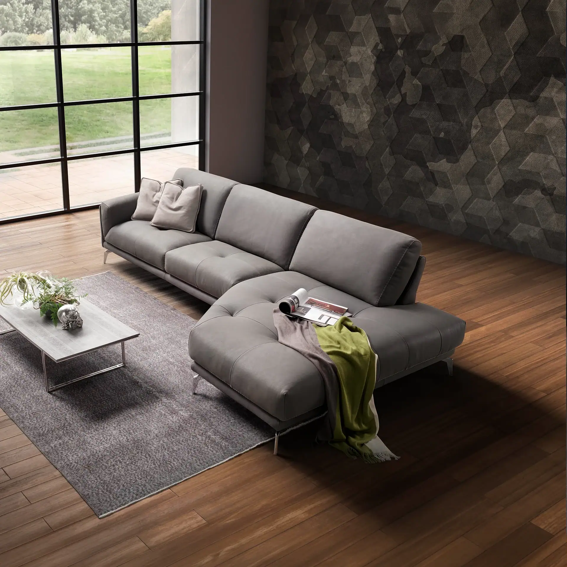 Glamour Modular Sectional Sofa in a modern living room with large window and wooden floor.