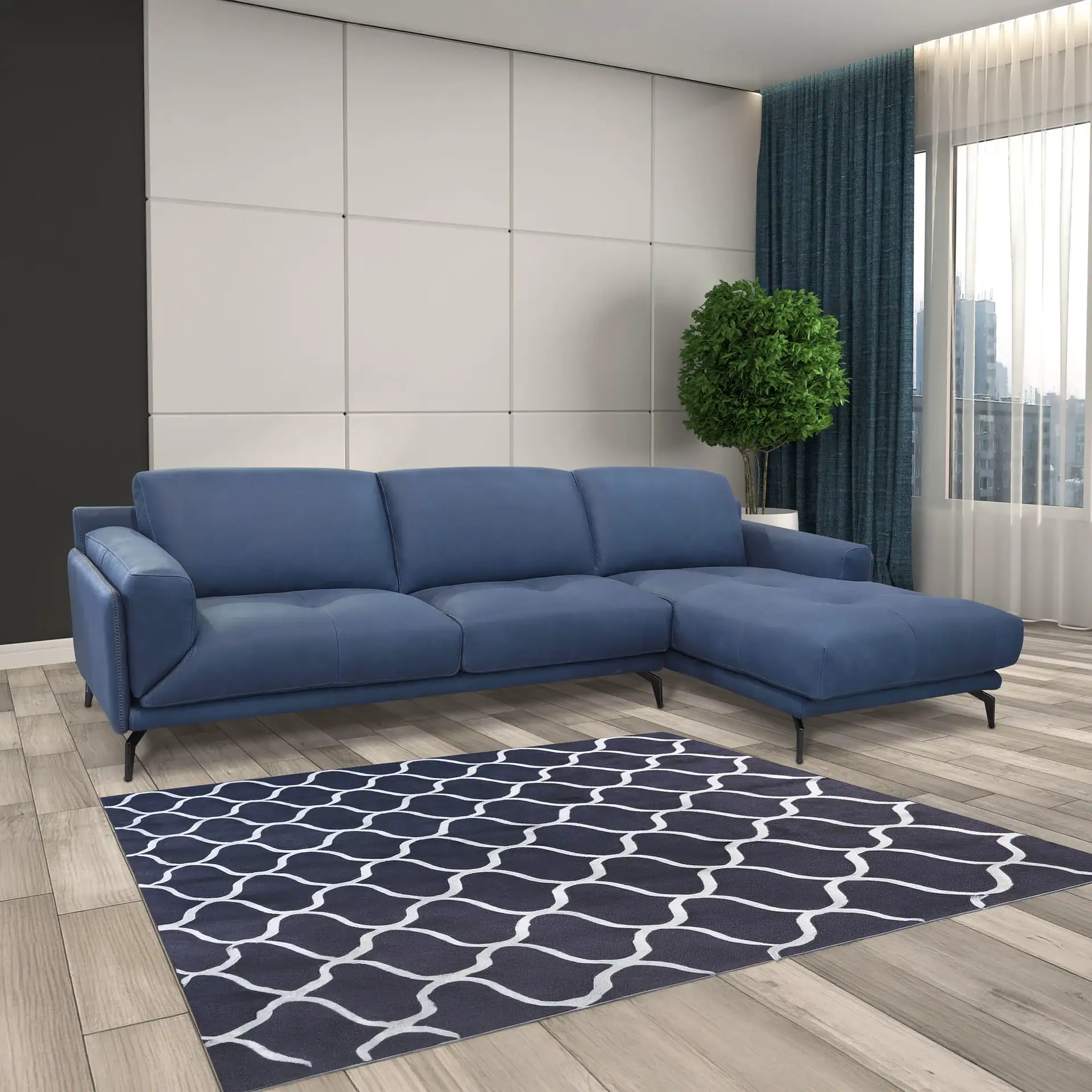 Sklar Furnishings Glamour Modular Sectional Sofa in blue in a modern living room.