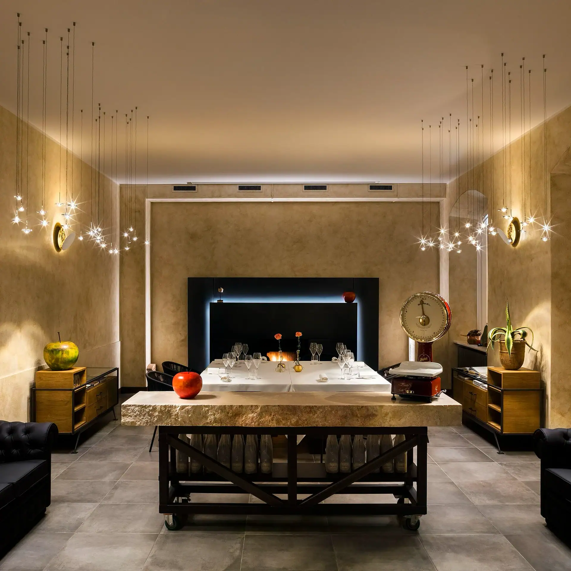 Sklar Furnishings chandelier in a modern dining room setting.