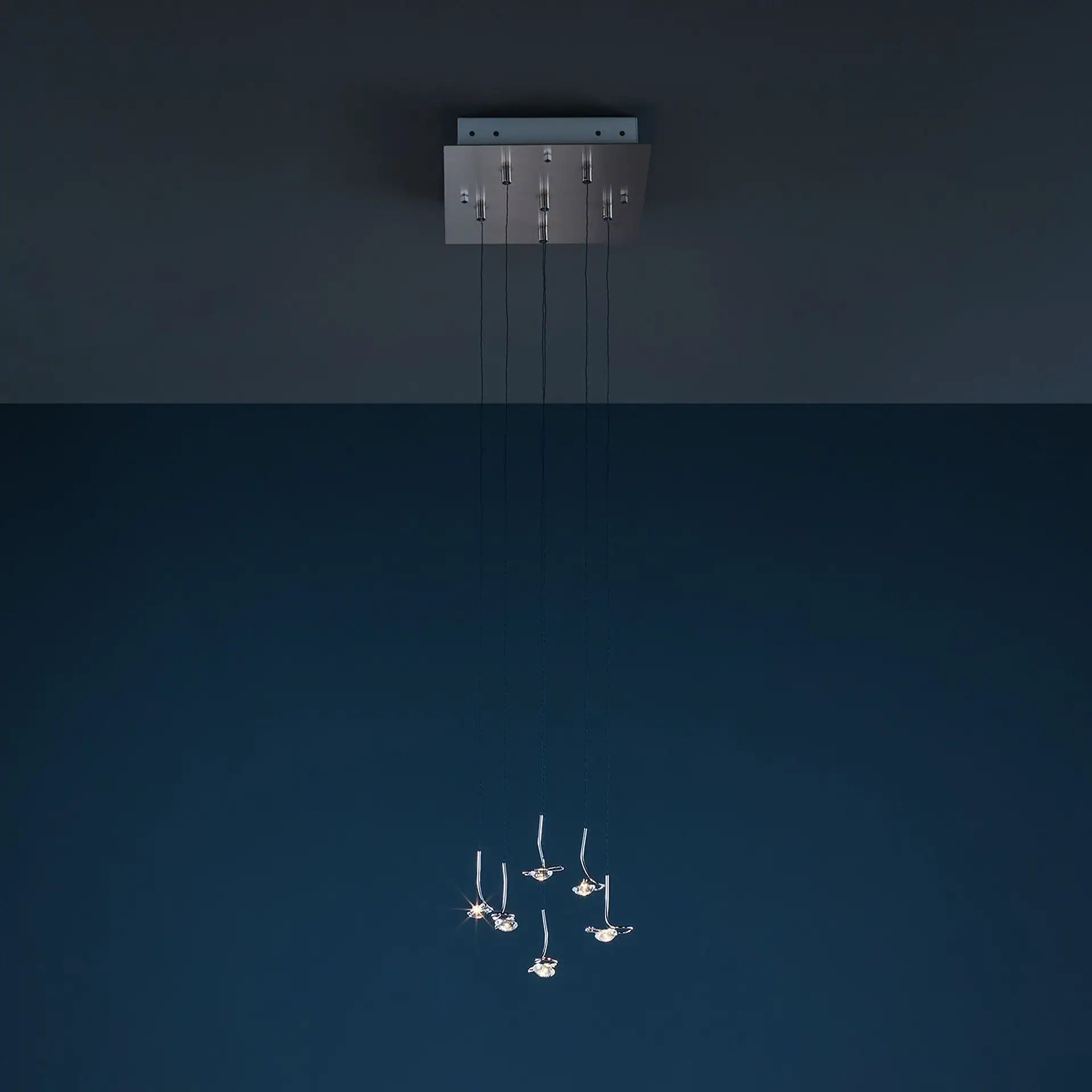 Sklar Furnishings chandelier hanging from ceiling with multiple lights.