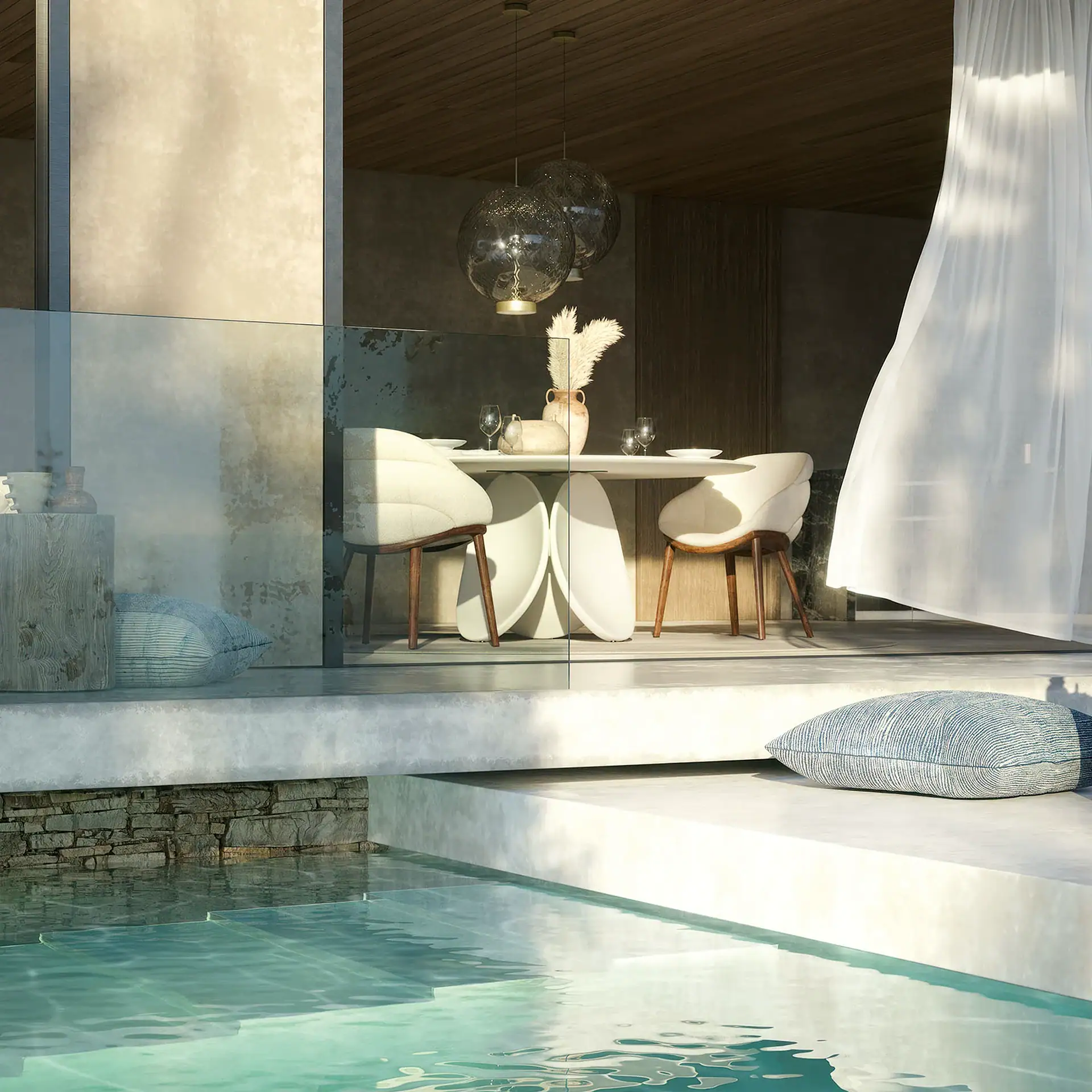 A modern dining area with a white table and cream chairs, separated by glass from a turquoise swimming pool with a concrete ledge and striped cushions.