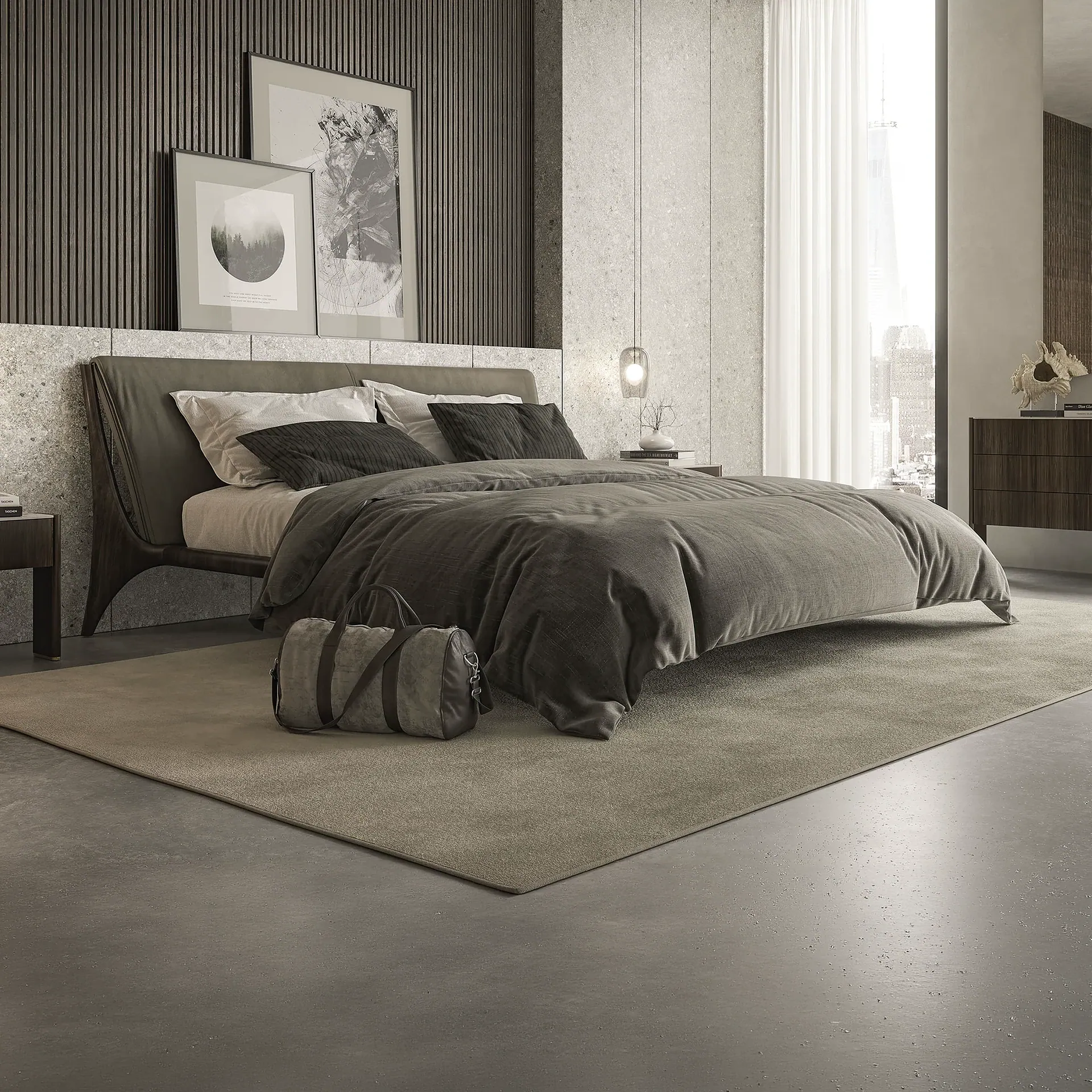 A modern bedroom with a large bed, dark grey bedding, a light brown rug, and textured walls. A city skyline is visible through a large window.