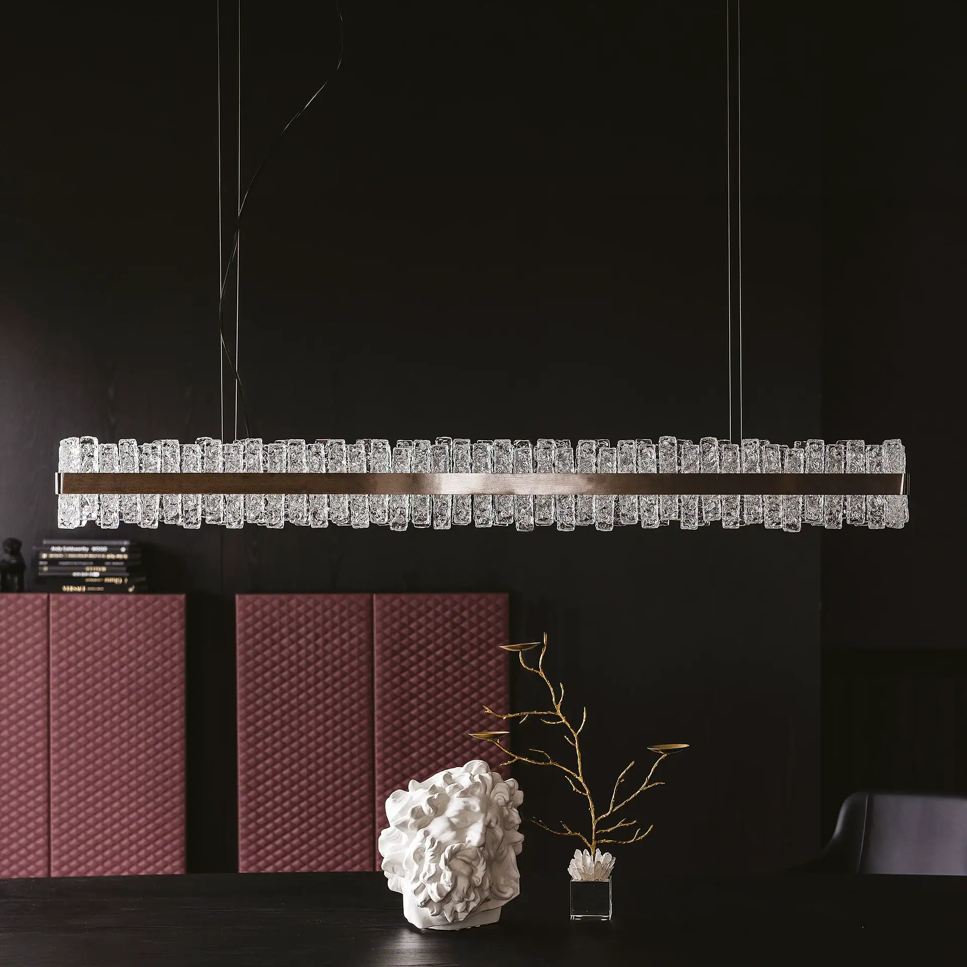 Elegant crystal chandelier hanging in a contemporary living space.