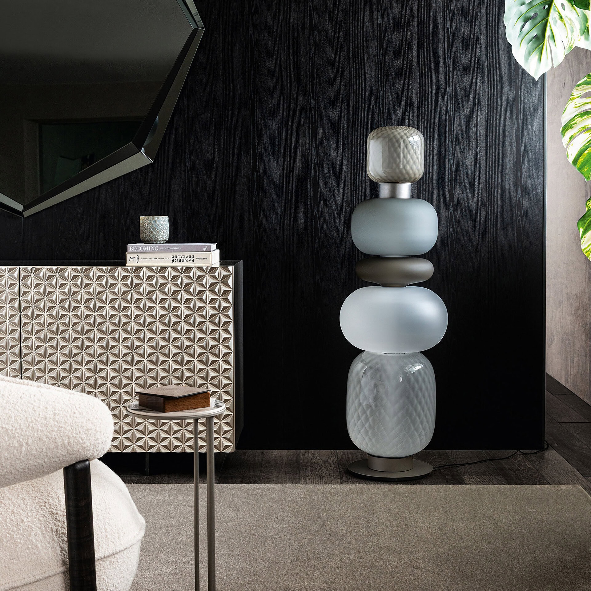 Pigalle Glass Floor Lamp with stacked glass and metal design, ideal for contemporary living spaces.