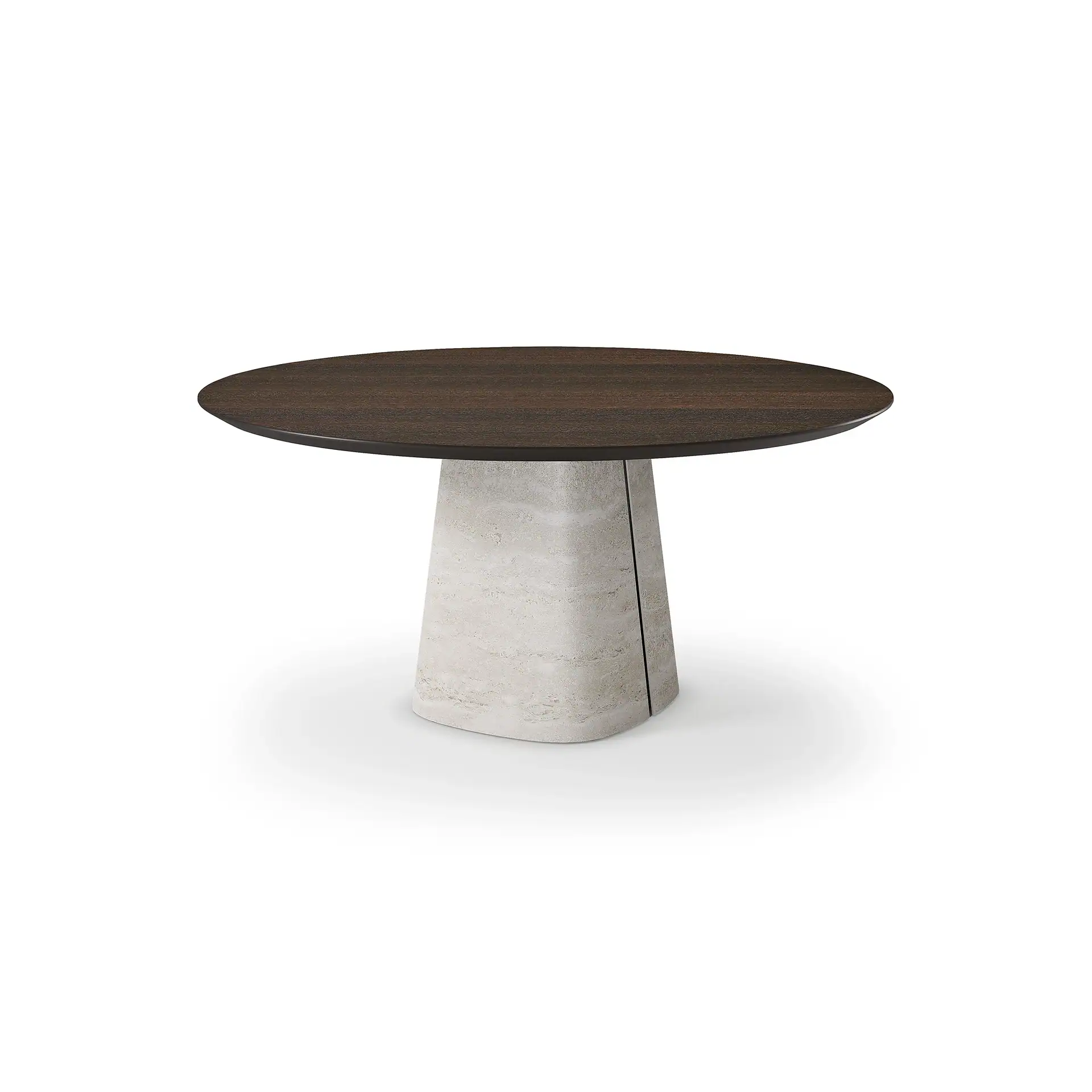 A modern round dining table with a dark brown wooden top and a light-colored, textured stone pedestal base, against a white background.