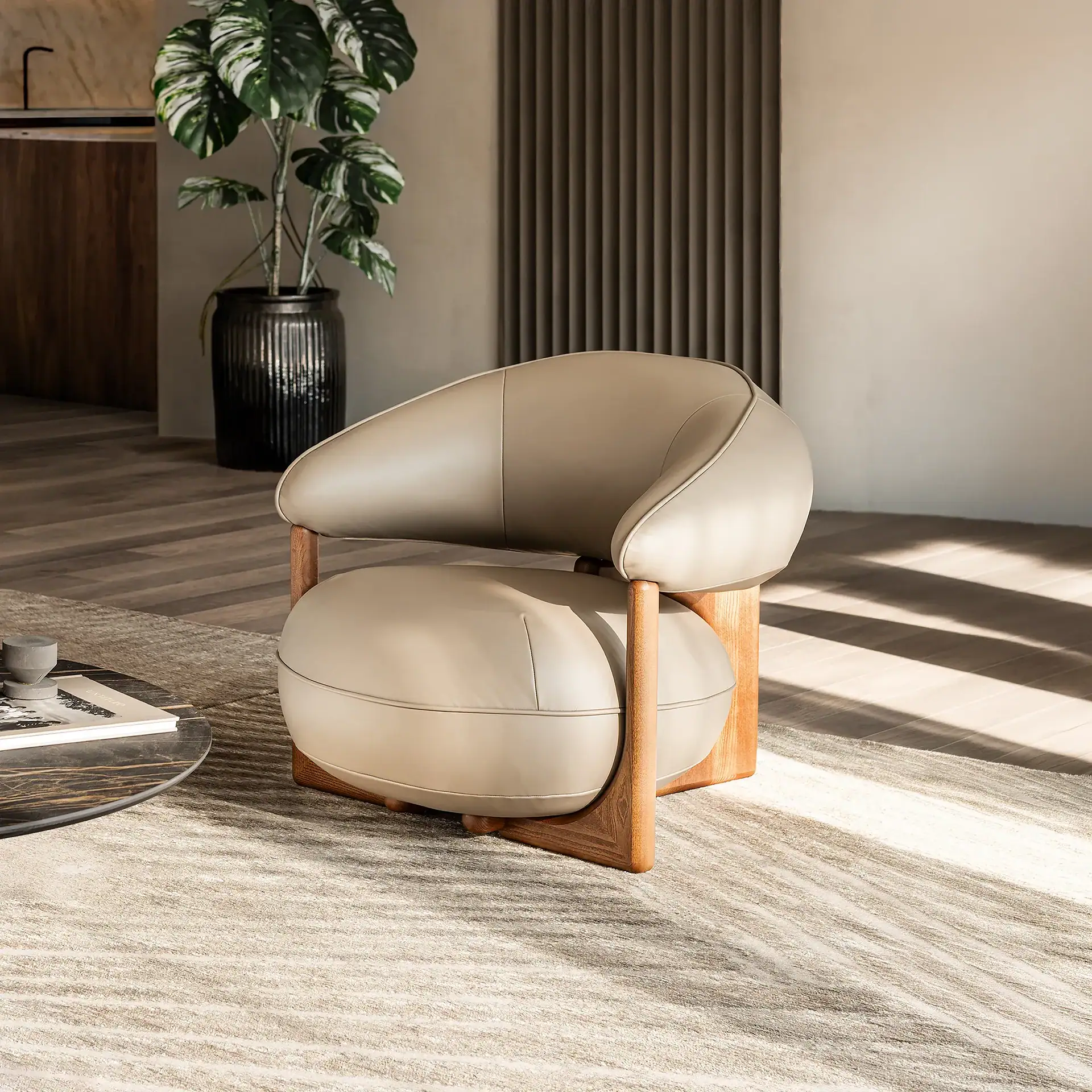 Modern beige leather Ruby Lounge Armchair with wooden frame in stylish living room.