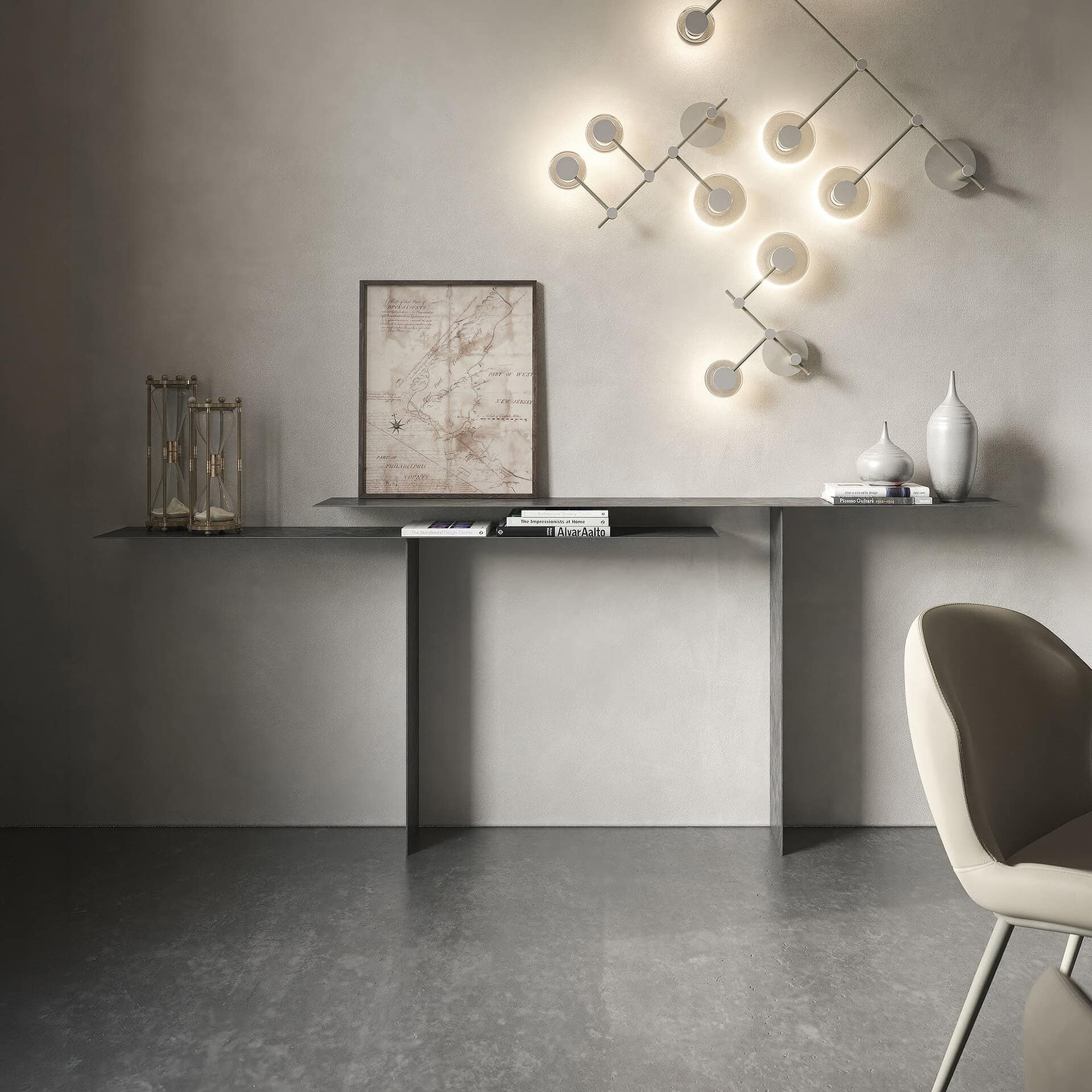 Sleek modern Tee console table with decorative vases and artwork in contemporary interior.