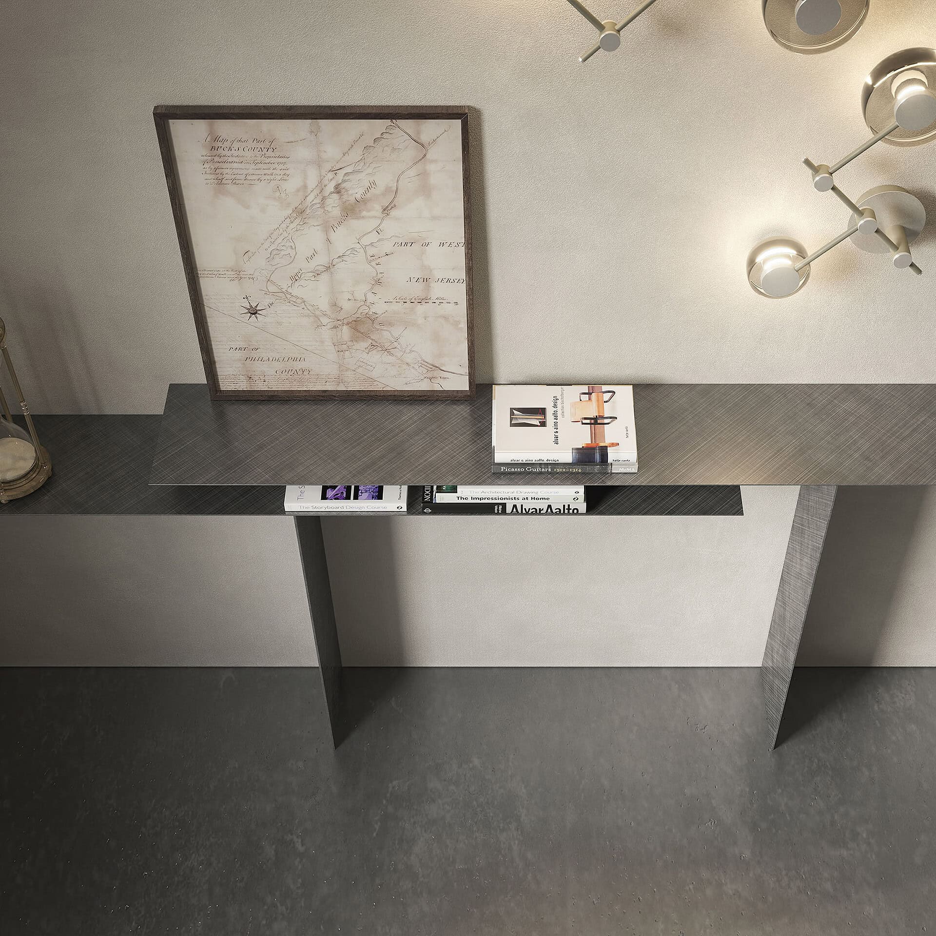 Modern black console table with decor and books in a stylish interior.