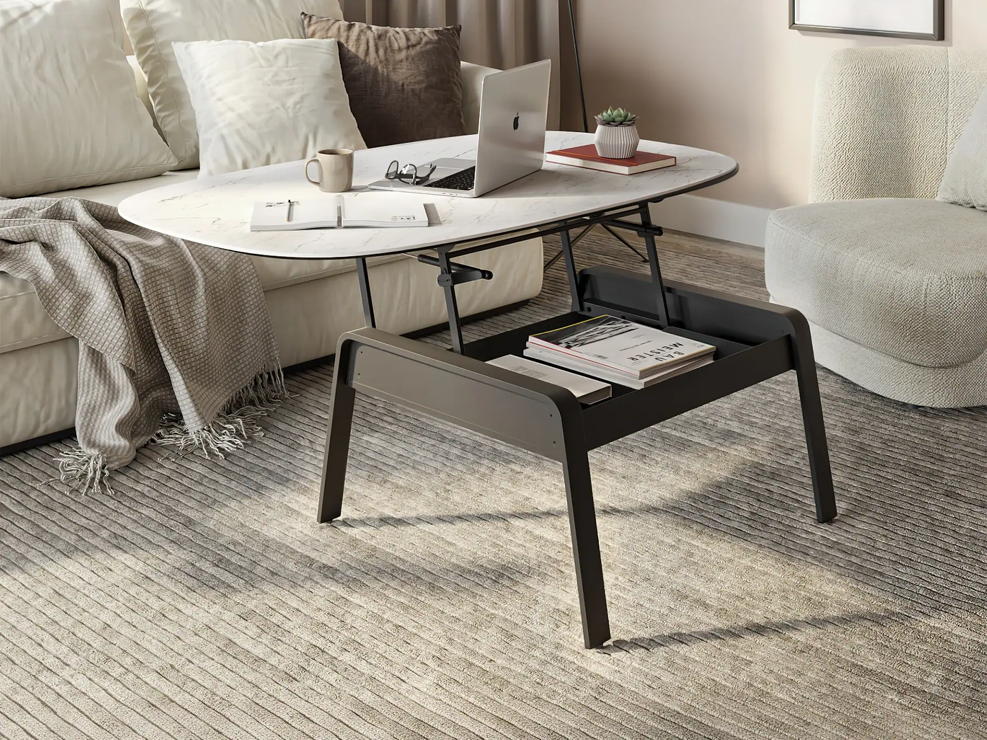 Modern lift coffee table with storage in a cozy living room setting.