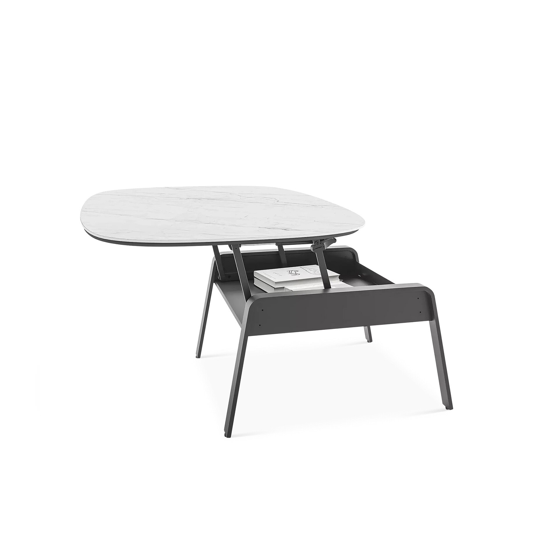 Modern BDI 1182 Cloud 9 Lift Coffee Table with marble top and black frame.