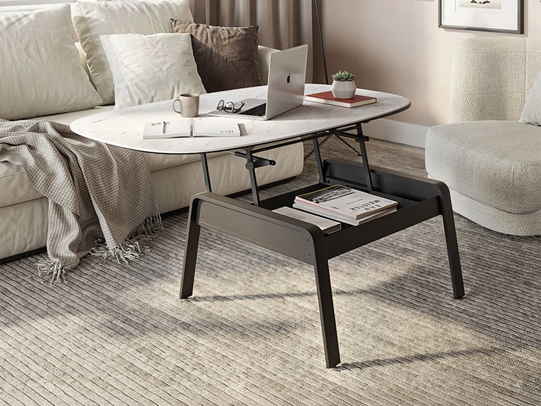 Modern lift coffee table with sleek design and storage shelf, perfect for living rooms.