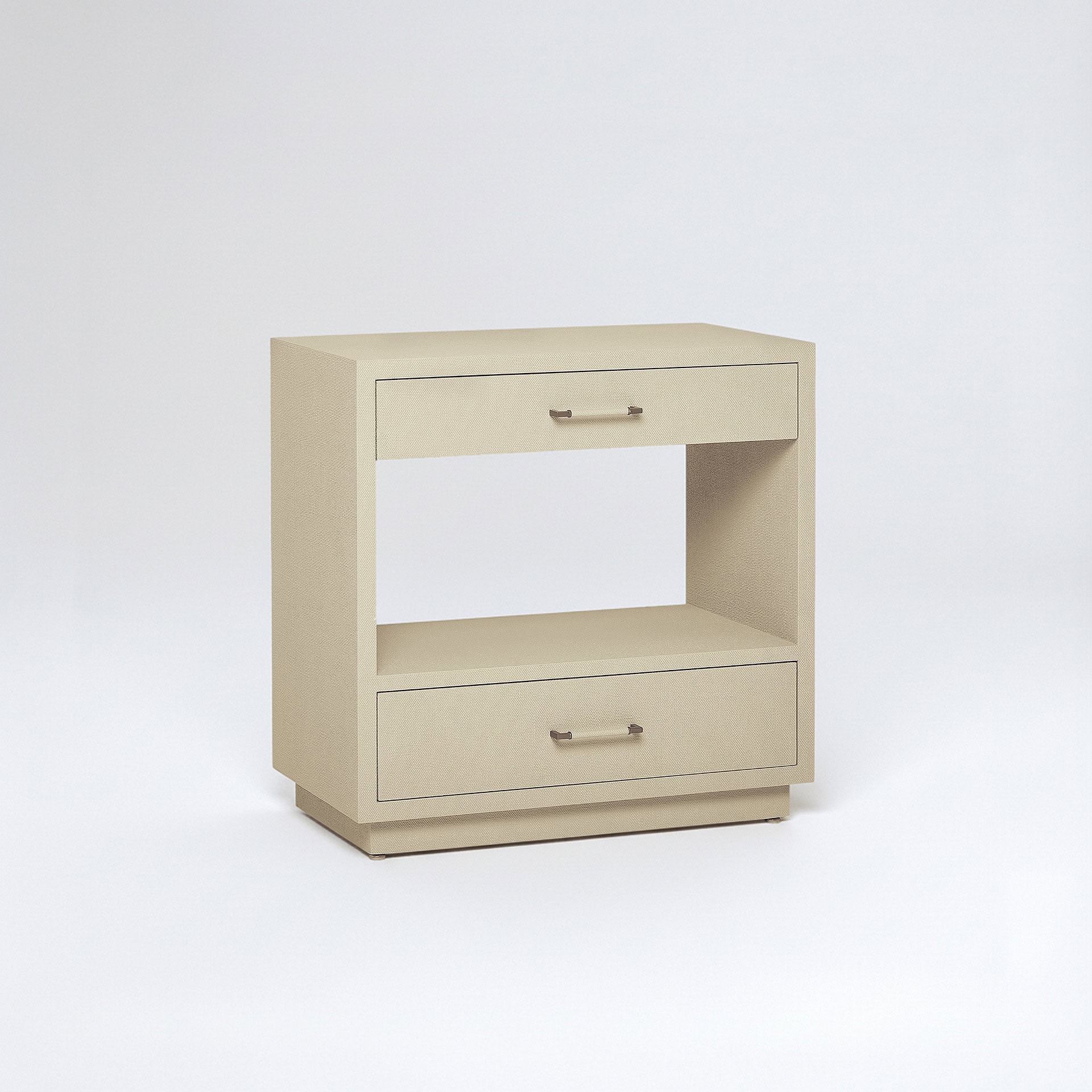 Two-drawer nightstand with open shelf in neutral beige finish.