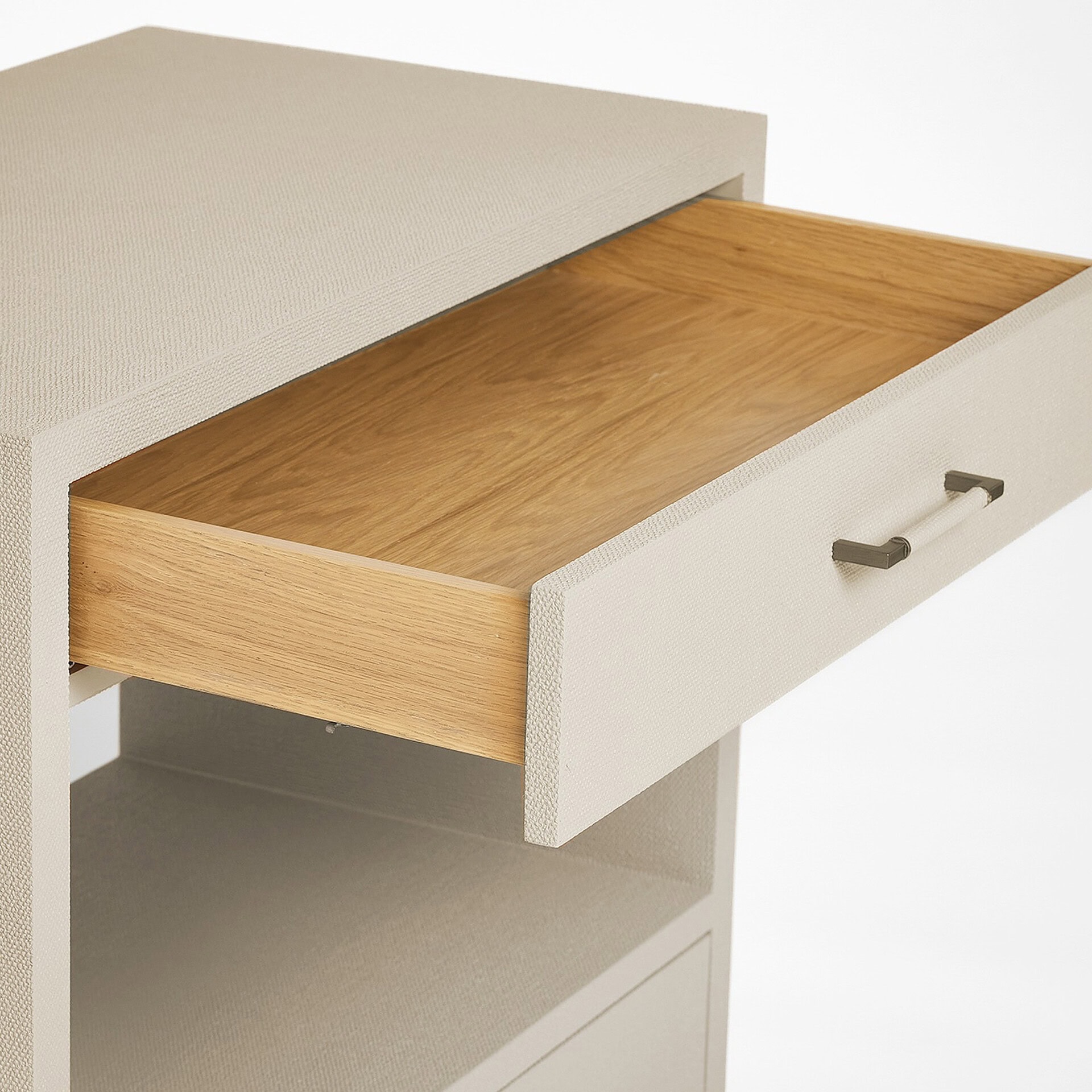 Modern Taylor 2-drawer nightstand with wood top and fabric finish.