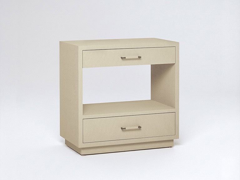 Two-drawer nightstand with open shelf in neutral beige finish.