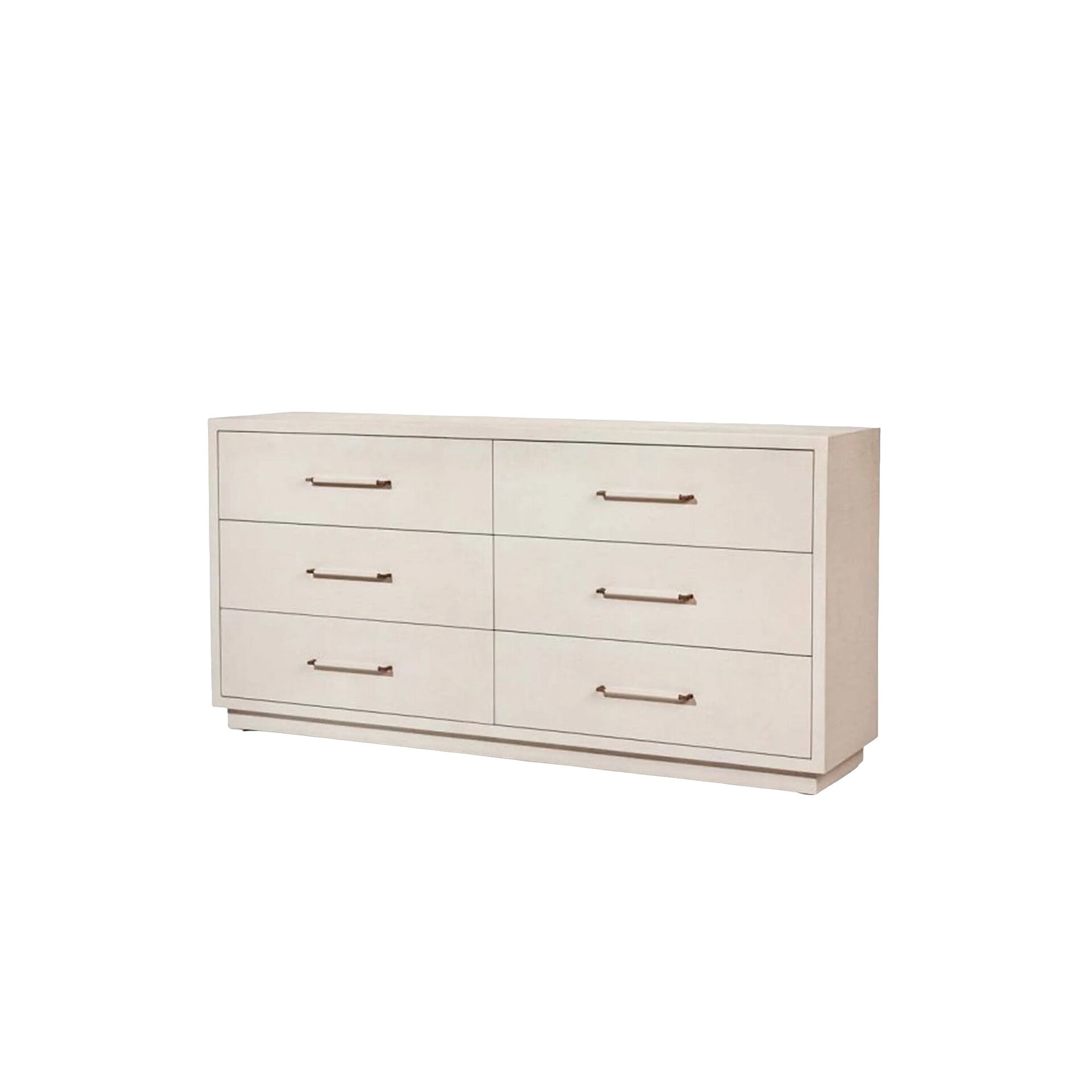 Elegant white 6-drawer dresser with sleek metal handles, perfect for modern bedroom storage.