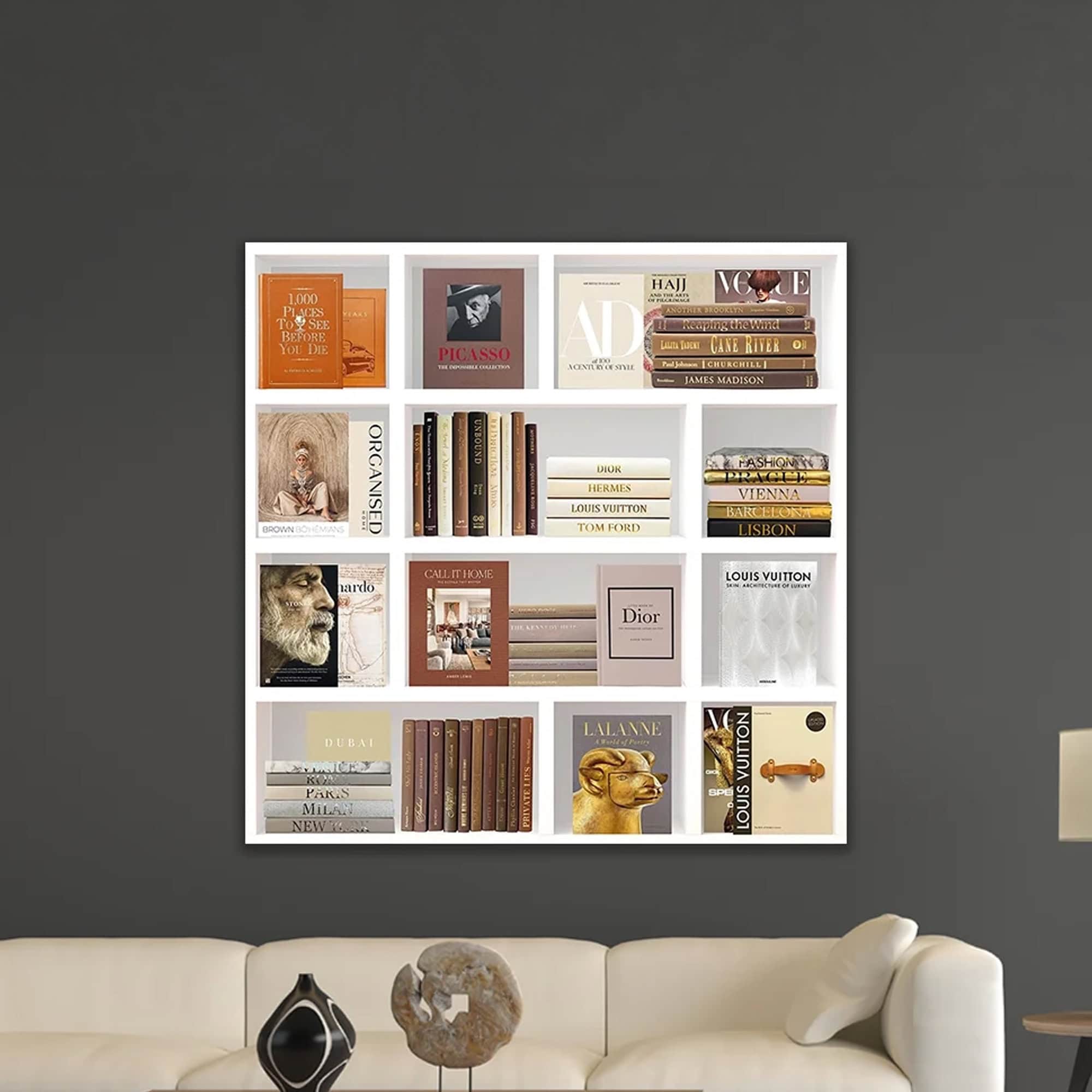 Stylish wall art featuring a curated collection of fashion and design books and artwork. Perfect for.