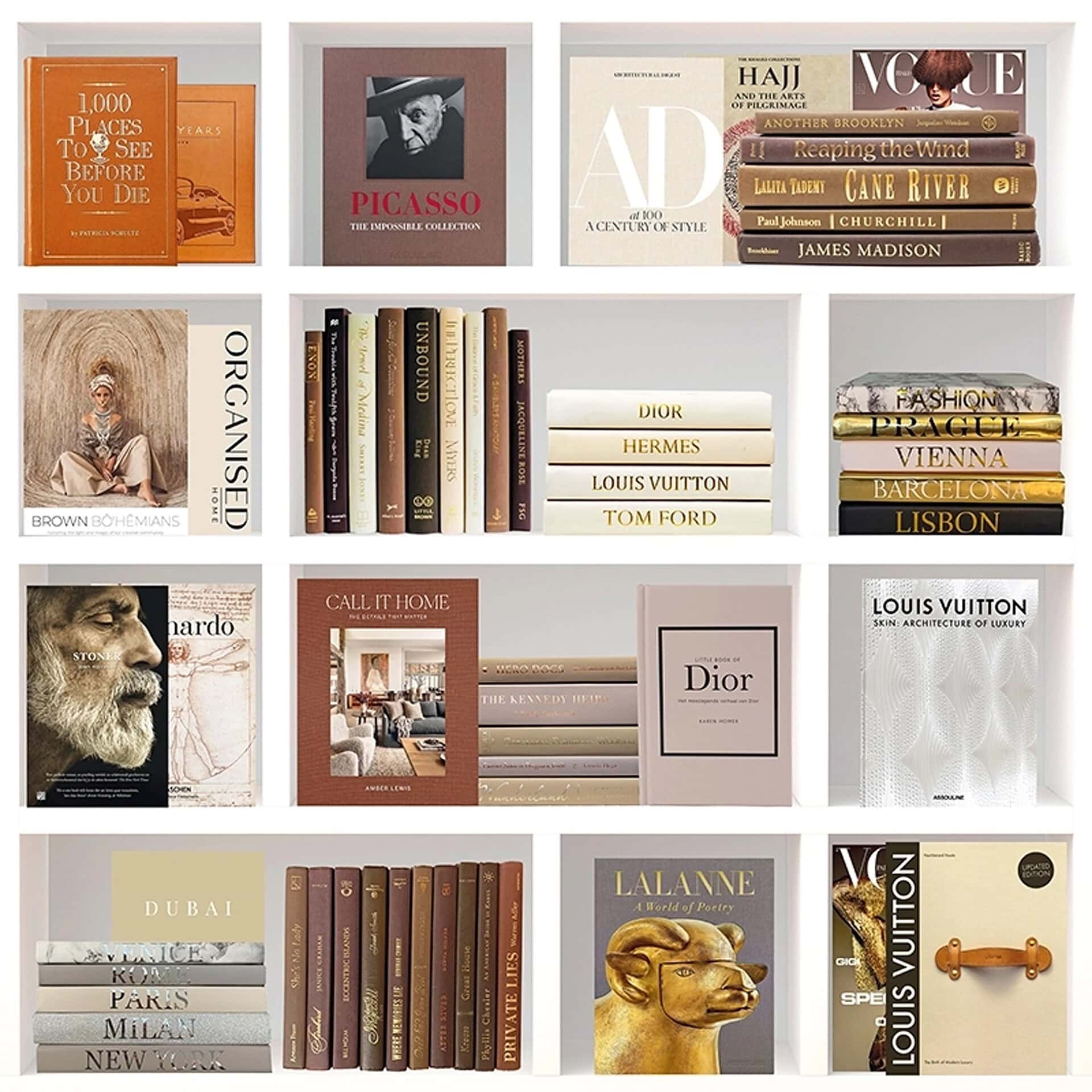 Elegant wall art featuring fashion-themed books and decor for stylish interior design.