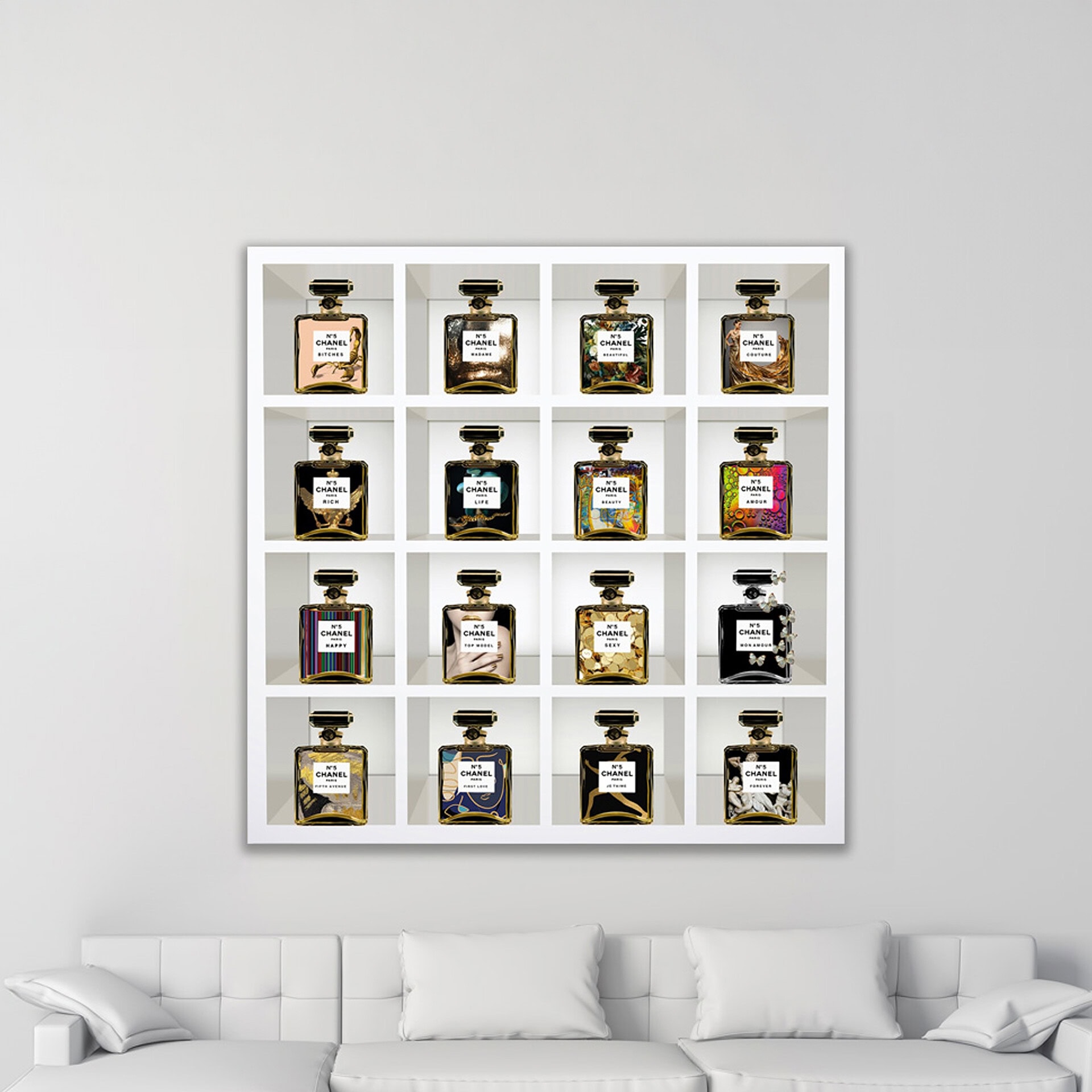 Elegant wall art featuring perfume bottles for home decor.
