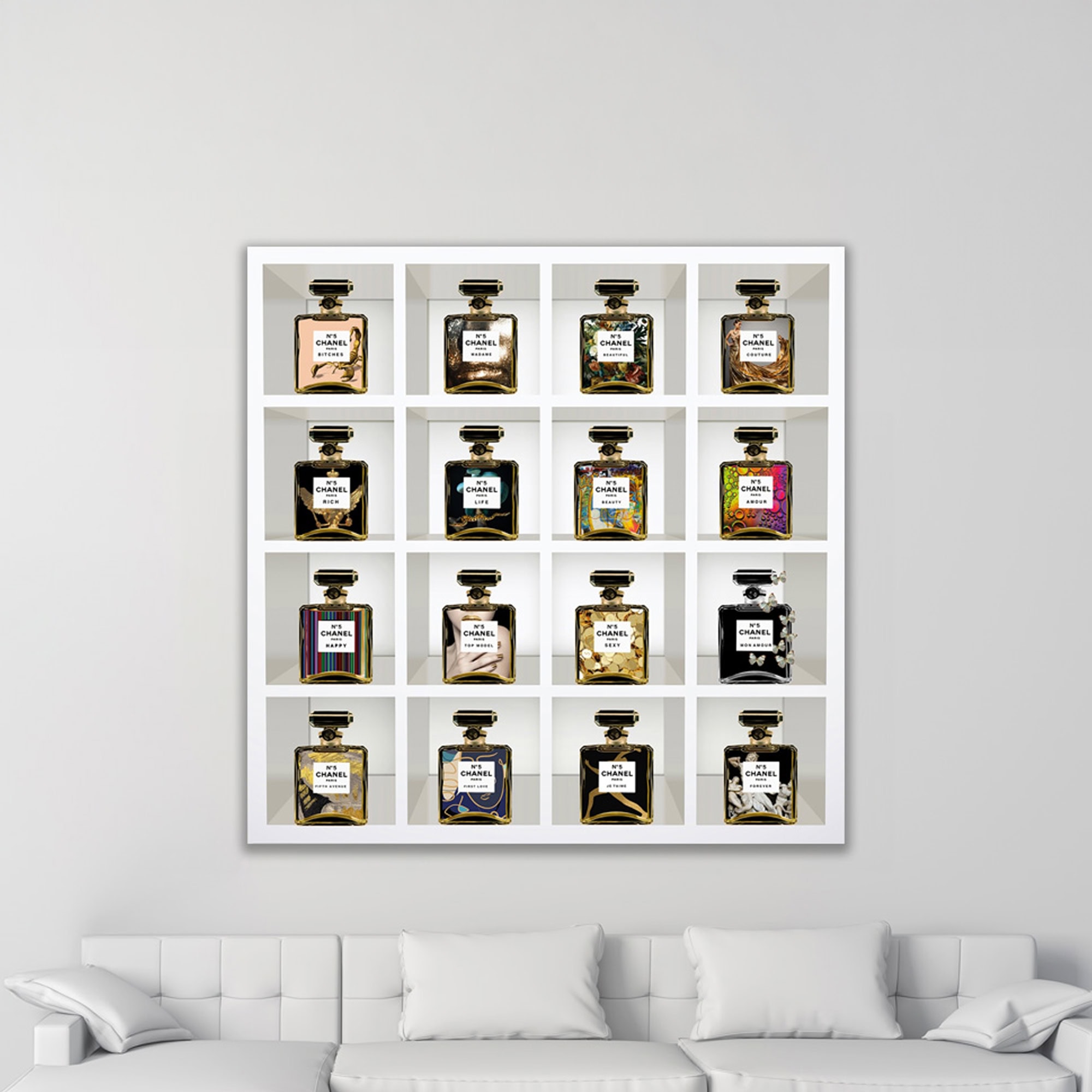 Elegant wall art featuring perfume bottles for home decor.