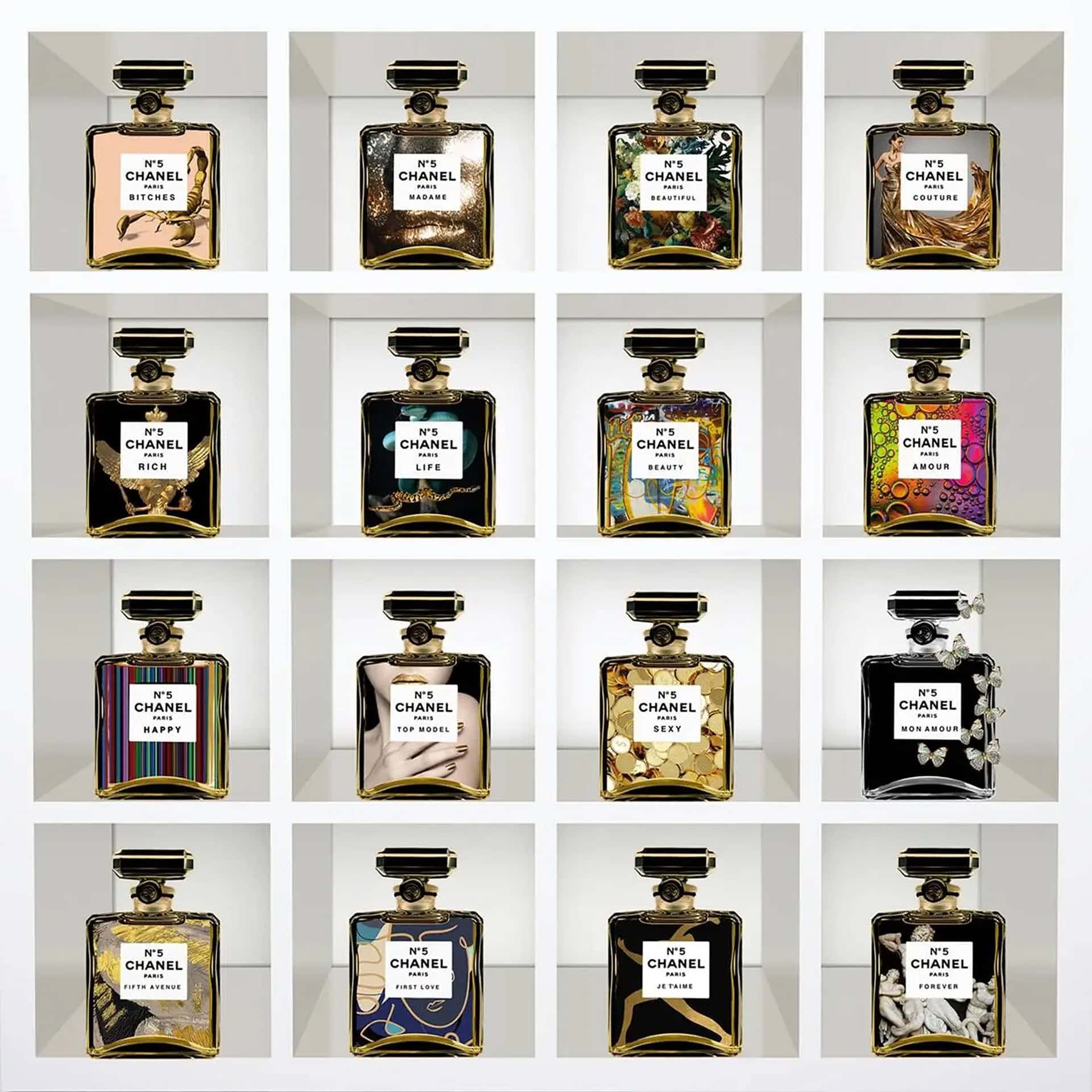 Elegant Chanel perfume bottle wall art display. Perfect for luxury decor and fragrance enthusiasts.