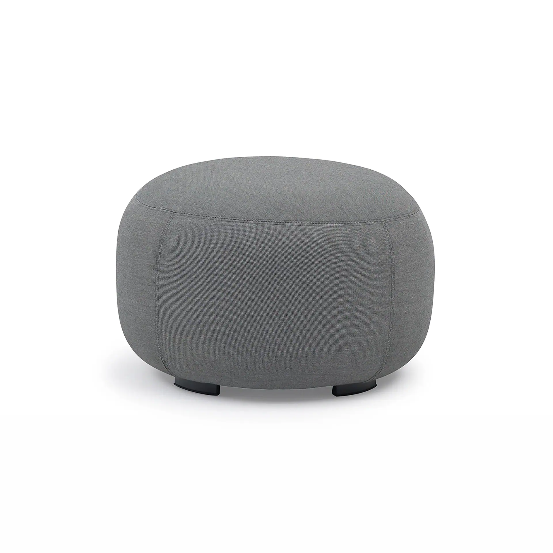 A grey fabric ottoman with a rounded shape and visible stitching, on a white background.