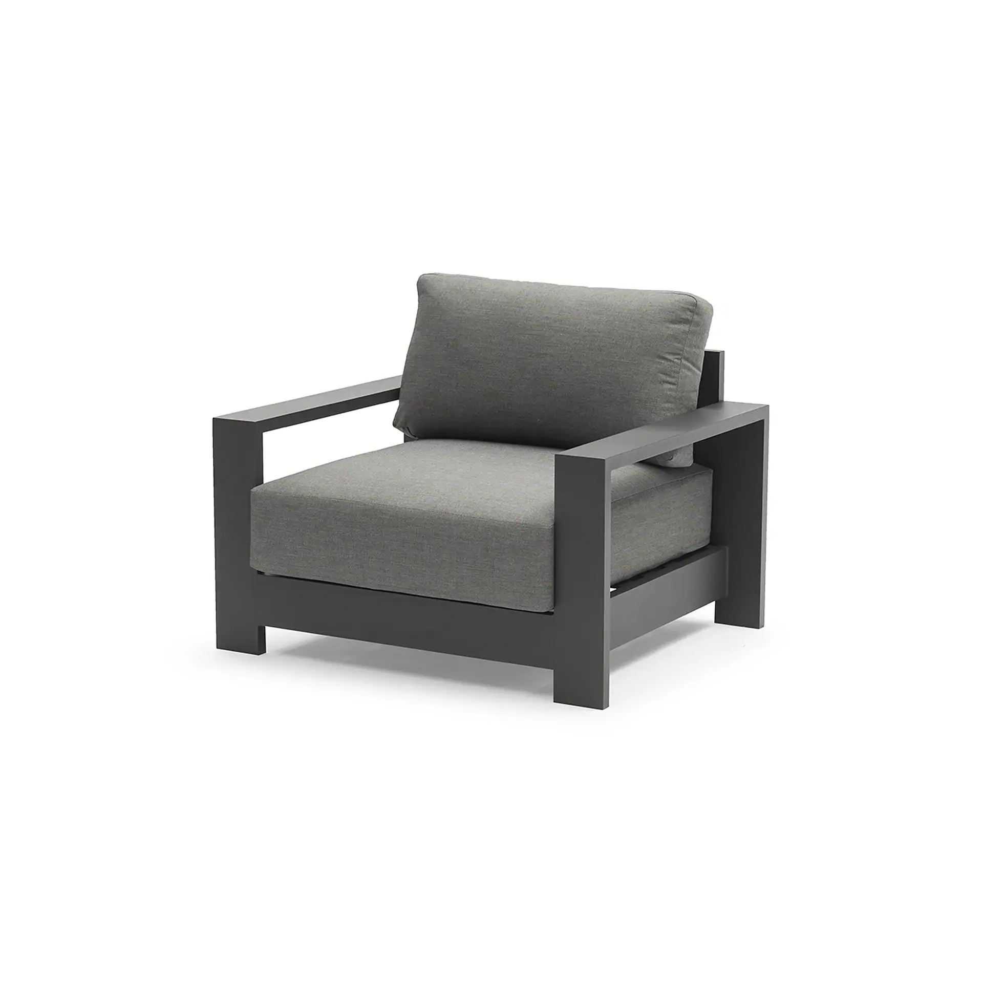A modern gray armchair with a dark gray frame and light gray fabric cushions, shown against a white background.