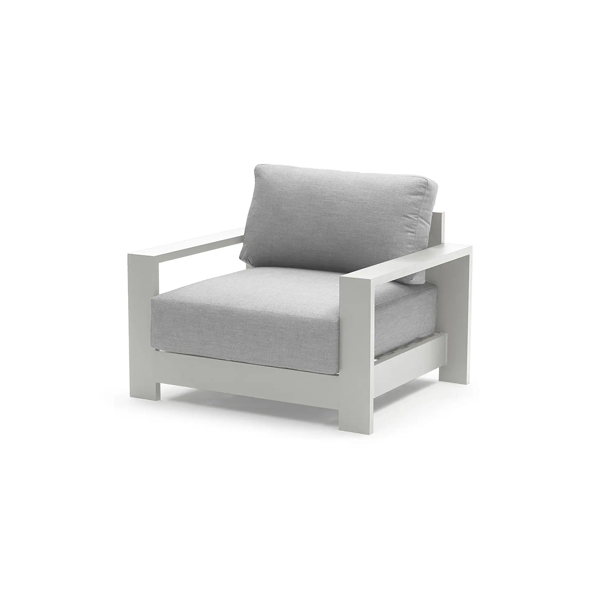 A modern light gray outdoor armchair with gray fabric cushions on a white background.